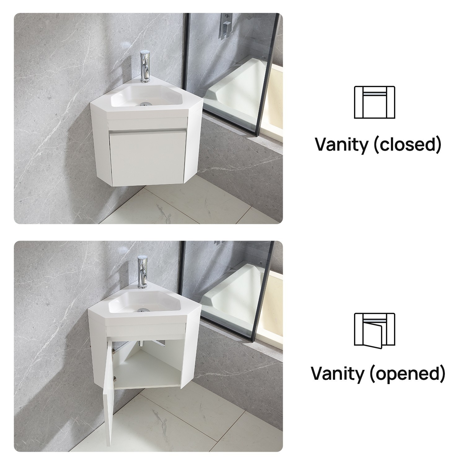 22″ Corner Wall Mounted Bathroom Vanity Floating Cabinet w/Sink for Small Space