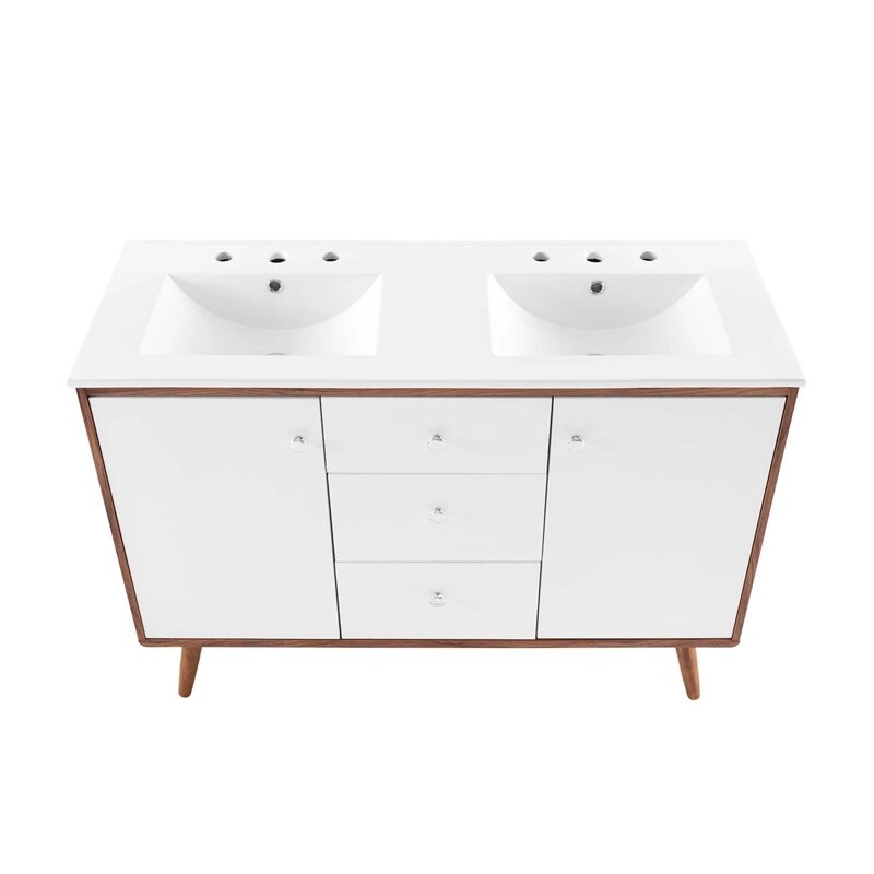 White Mid Century Modern Walnut Bathroom Vanity Ceramic Sink Single Double