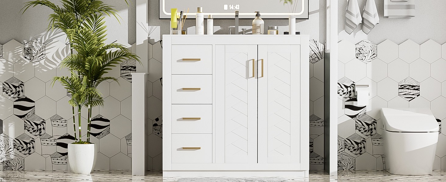 36″ Bathroom Vanity with Ceramic Sink, Solid Wood Frame, 3 Drawers & Doors
