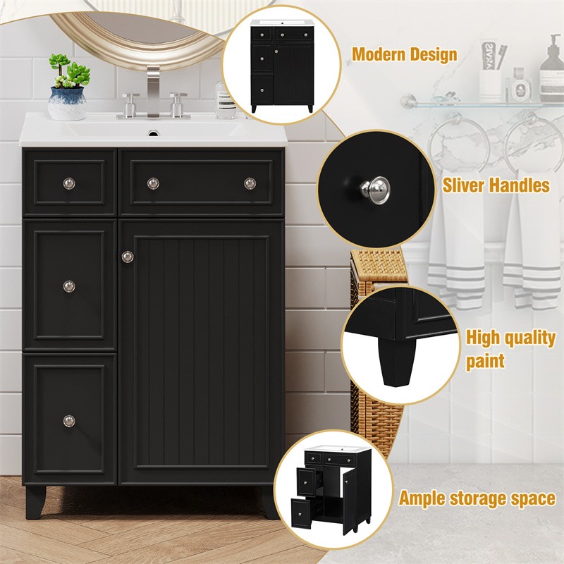 24″ Black Bathroom Vanity Cabinet with Ceramic Sink,2 Drawers,1 Soft-Close Door
