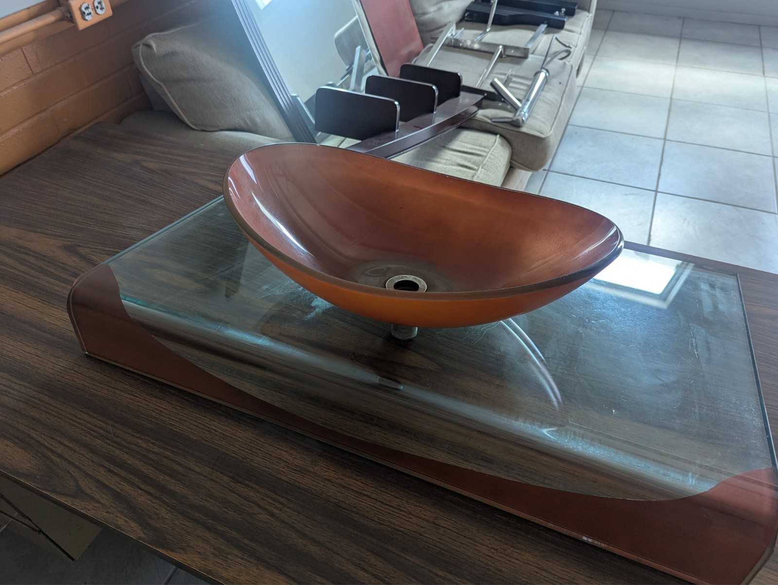 Italian Modern Glass Vanity with Mirror & Faucet