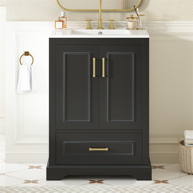24in Black Bathroom Vanity with Ceramic Sink,Divider Drawer & 2 Soft-close Doors