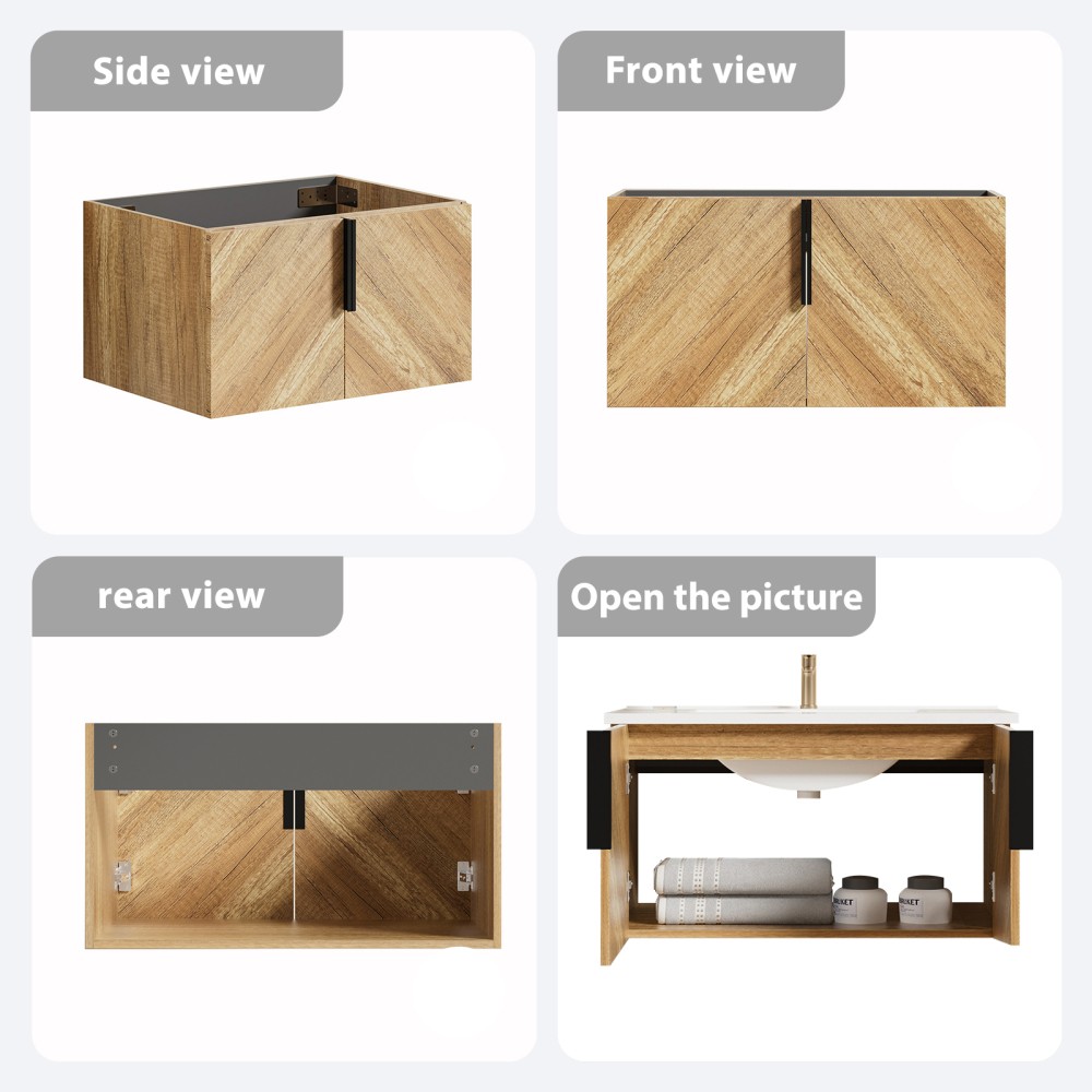 30″ Wall Mount Bathroom Vanity w/ Integrated Sink & 3D Fluted Panel