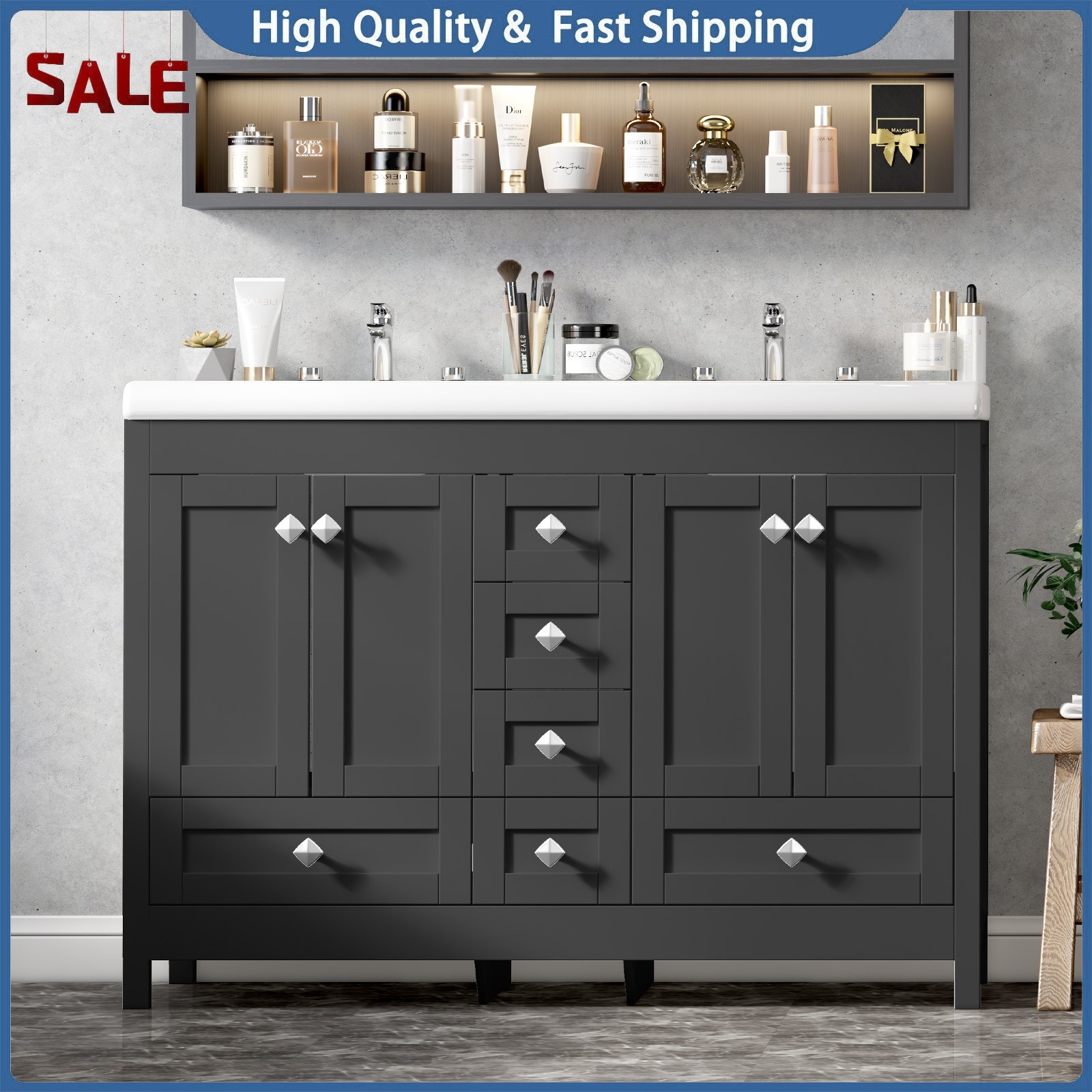 Bathroom Vanity Freestanding Double Basin Ceramic Sink Vanity Cabinet w/ Drawers