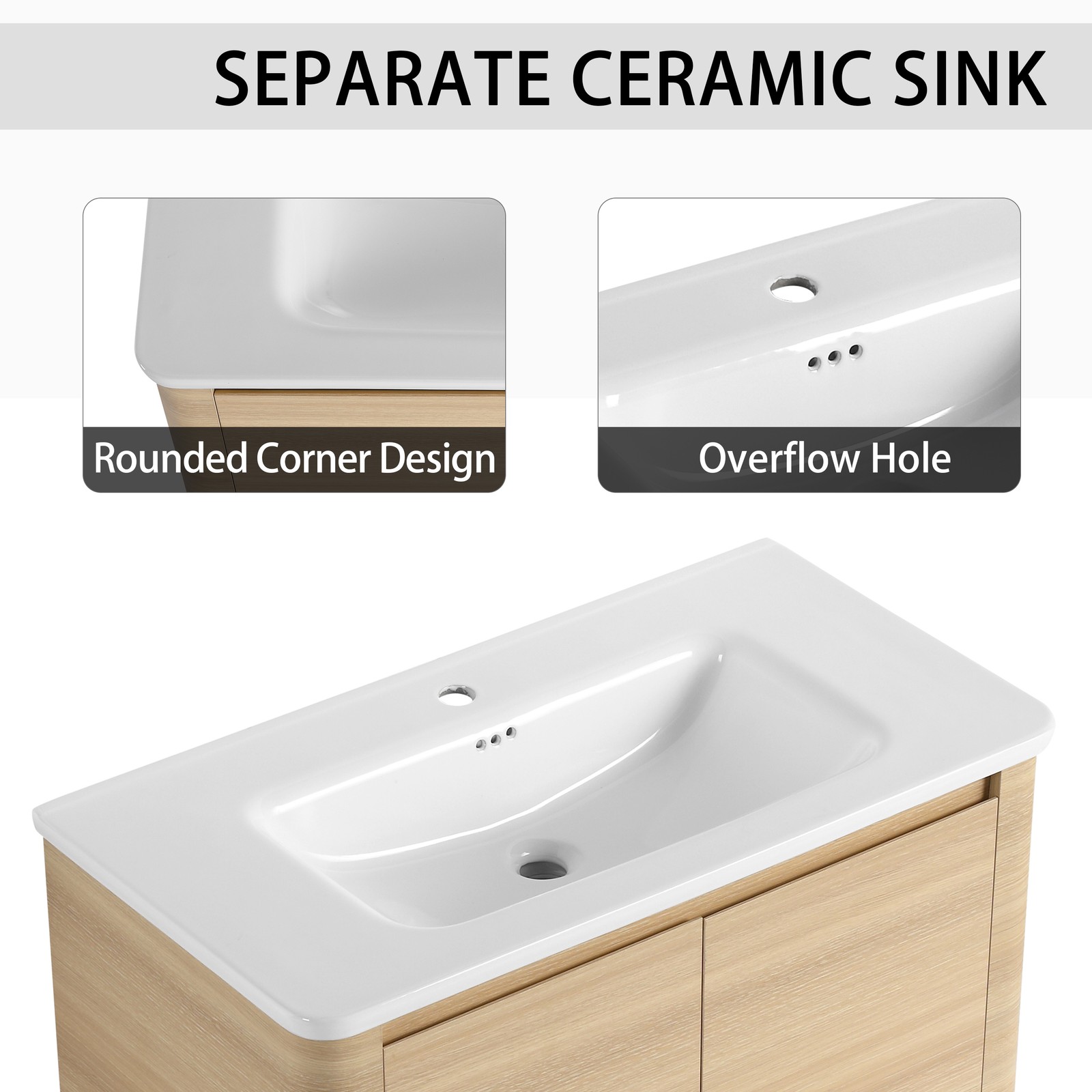 36” Plywood Freestanding Bathroom Vanity W/White Ceramic Sink 2 Doors Oak Color