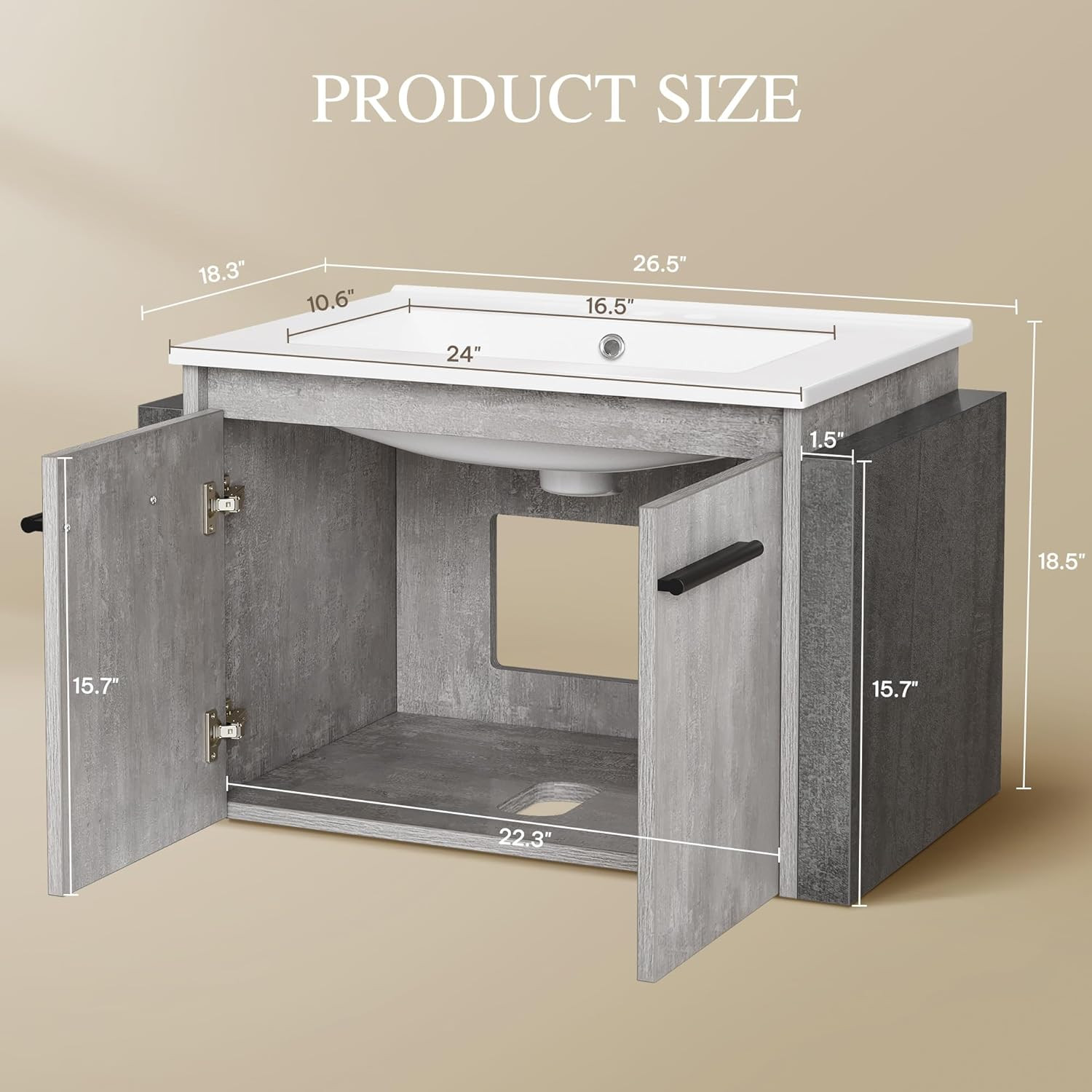 Modern 24″ Grey Floating Vanity with Sink, Soft-Close Doors, 53″ Total Width