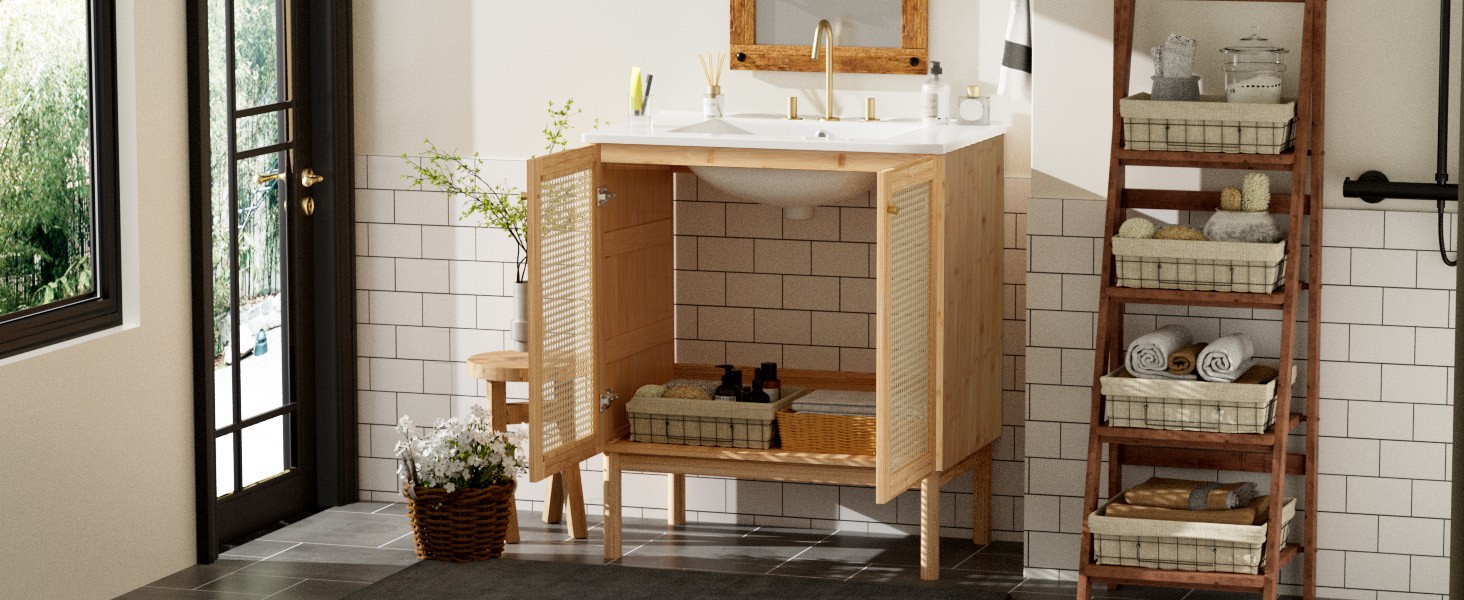30 Inch Bathroom Vanity with Rattan Doors & Ceramic Basin