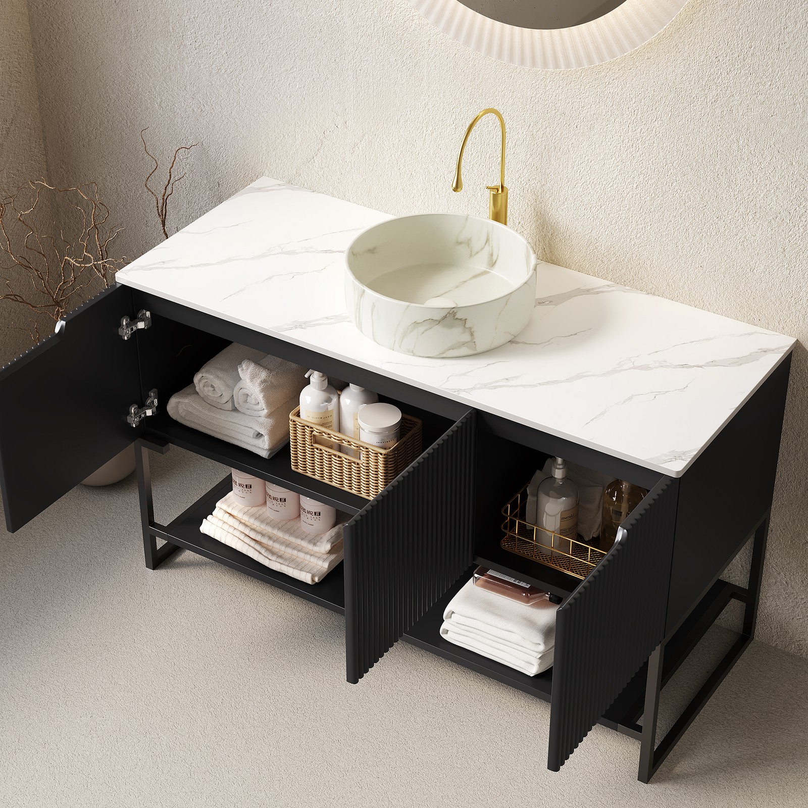 48″ Bathroom Vanity with Sink, 3-Door Cabinet & White Ceramic Basin