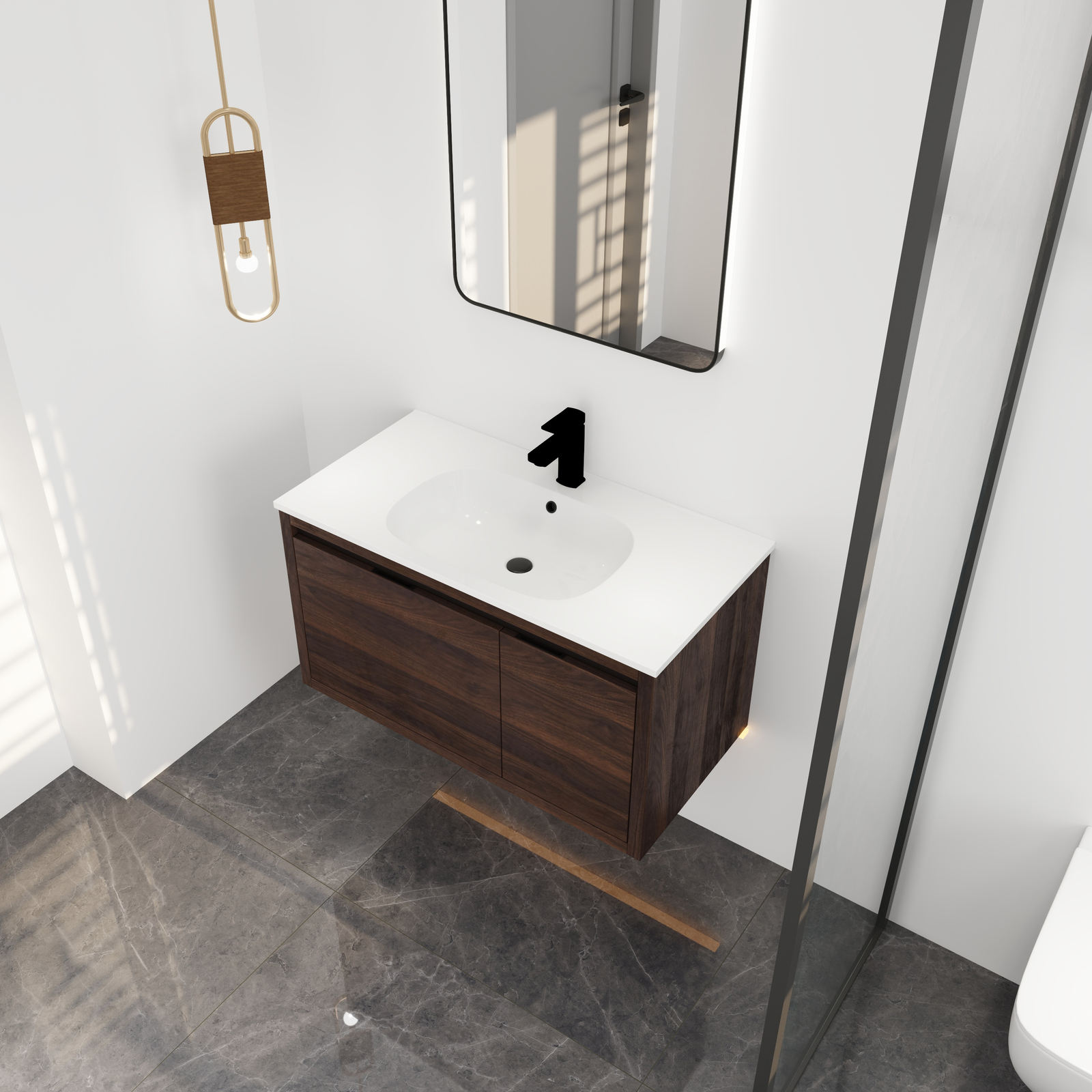 36″Bathroom Vanity Cabinet Wall Mounted Floating Vanity /Sink Basin Walnut Color