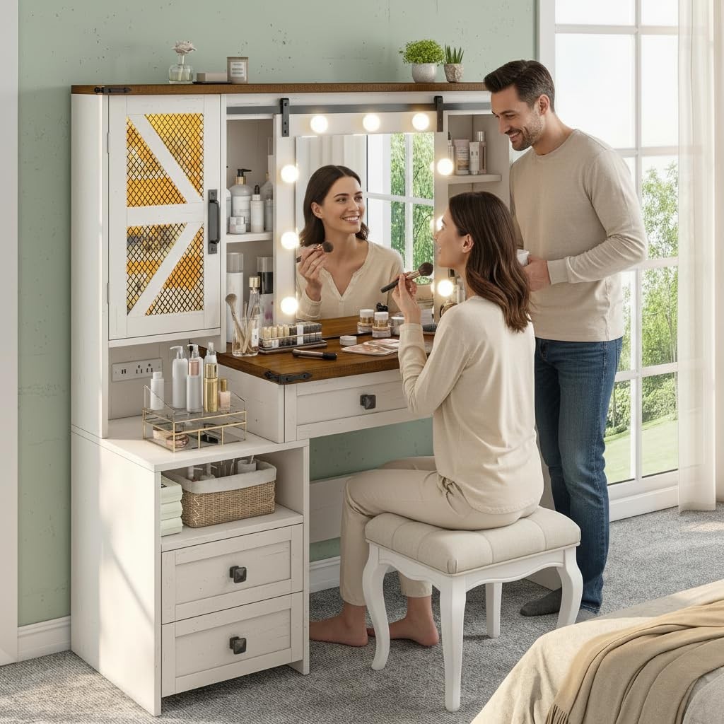 48W Vanity Desk Sliding Mirror 4 Drawers 2 Cabinets 3-Color Lights Antique White