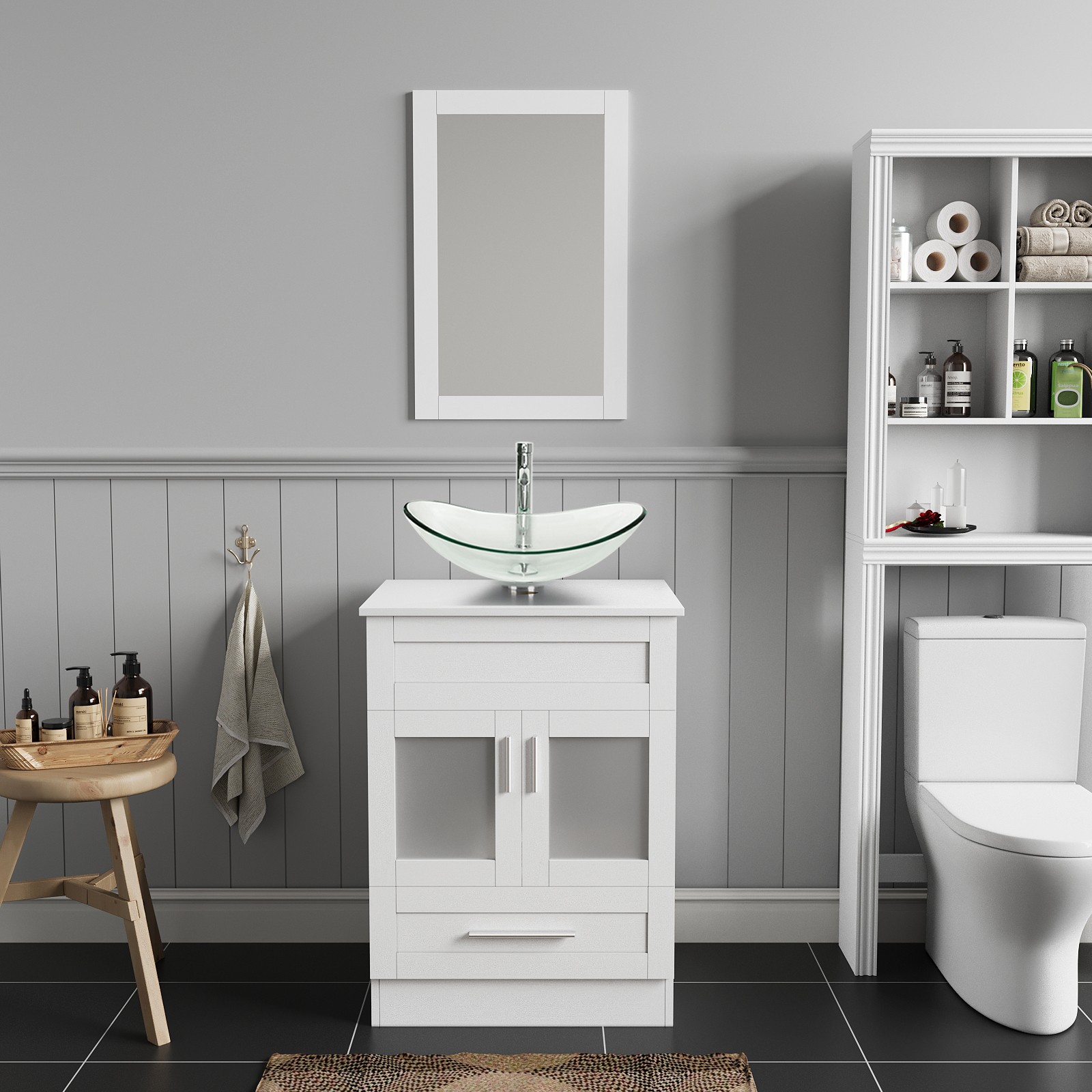 24″ Complete Bathroom Vanity Set with Glass Vessel Sink, Faucet & Pop-Up Drain