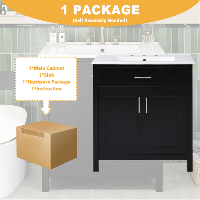 30″ Bathroom Vanity with Ceramic Sink and Storage Cabinet Built-in Drawe & Doors