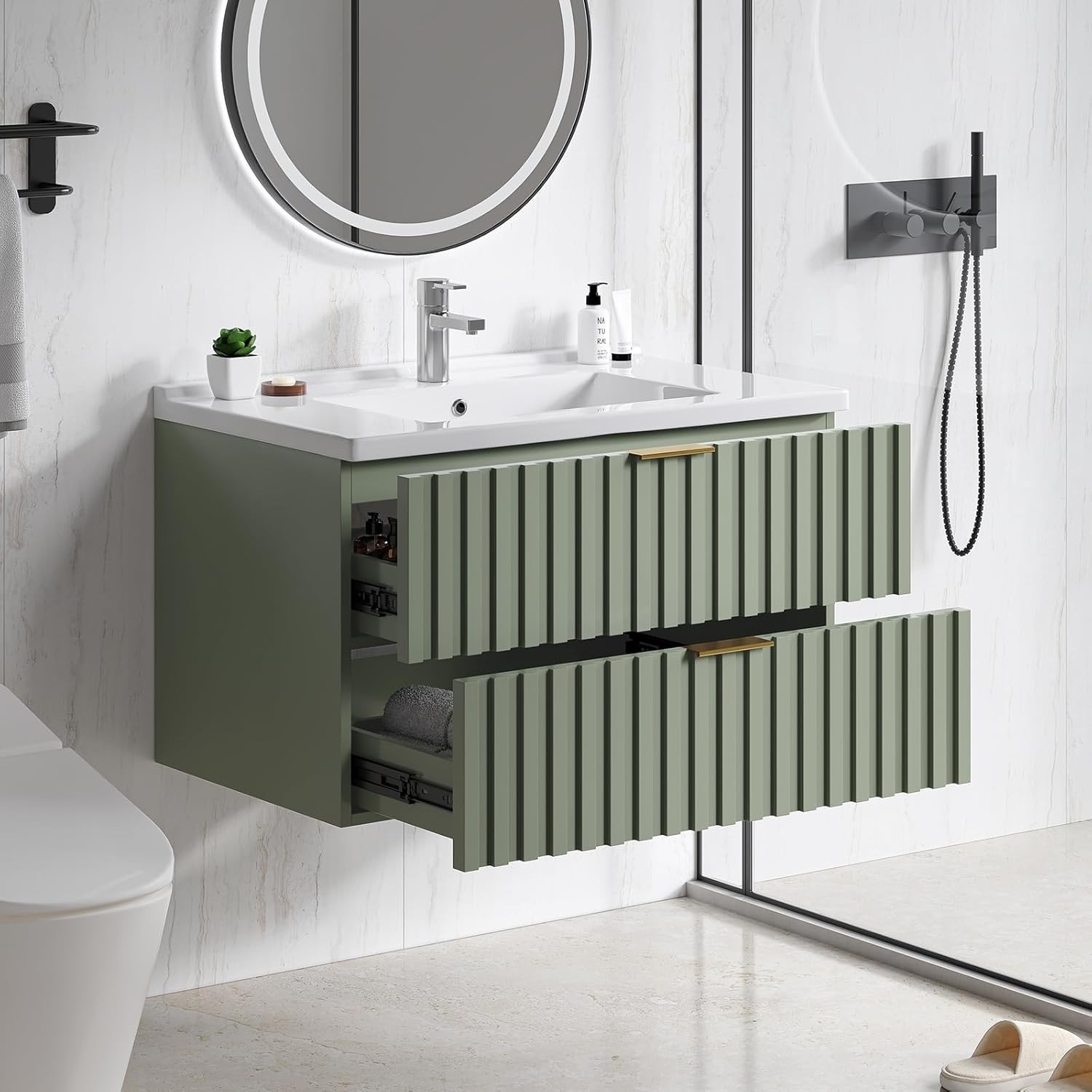 24 Inch Bathroom Vanity W/ Sink Combo Floating Bathroom Vanity W/ 2 Fluted
