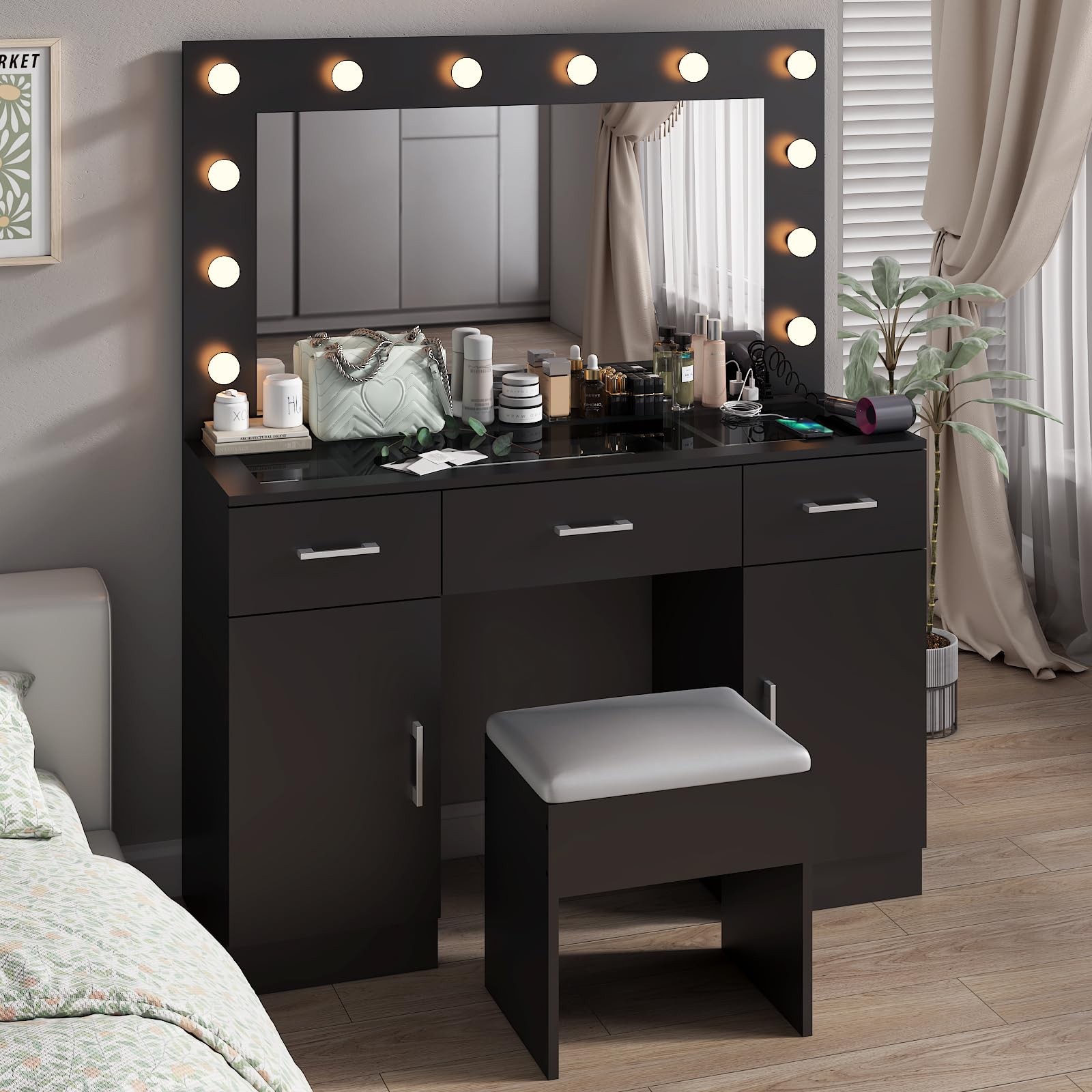 Makeup Vanity Mirror Light Charger 2 Cabinet 3 Drawer Glass Top Stool 3 Colors