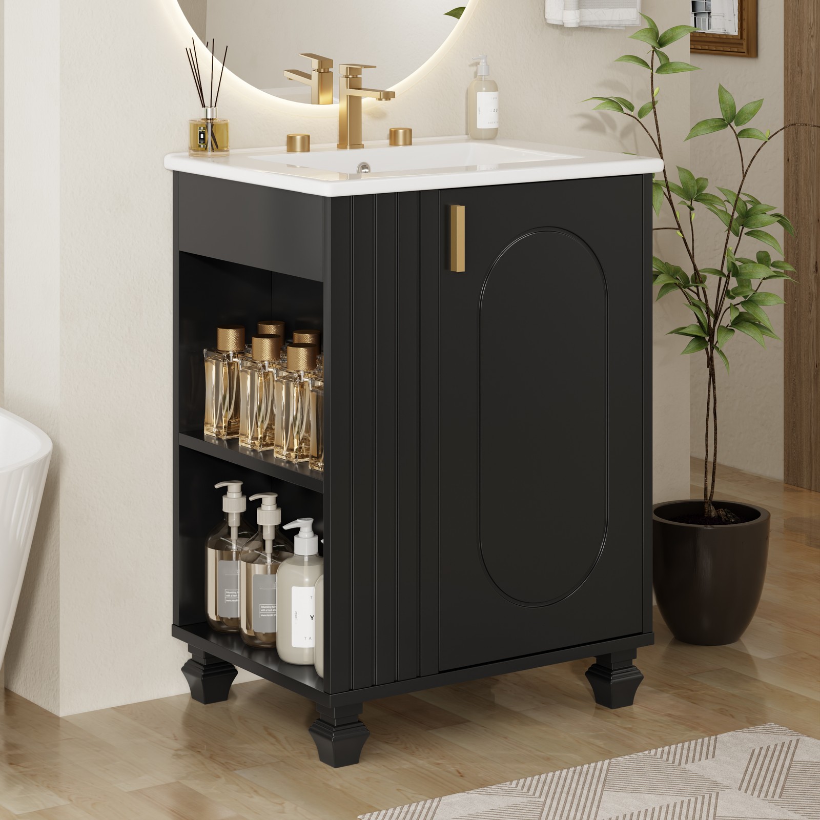 24″ Bathroom Vanity w/Sink，Freestanding Cabinet w/Door Shelf and Open Storage