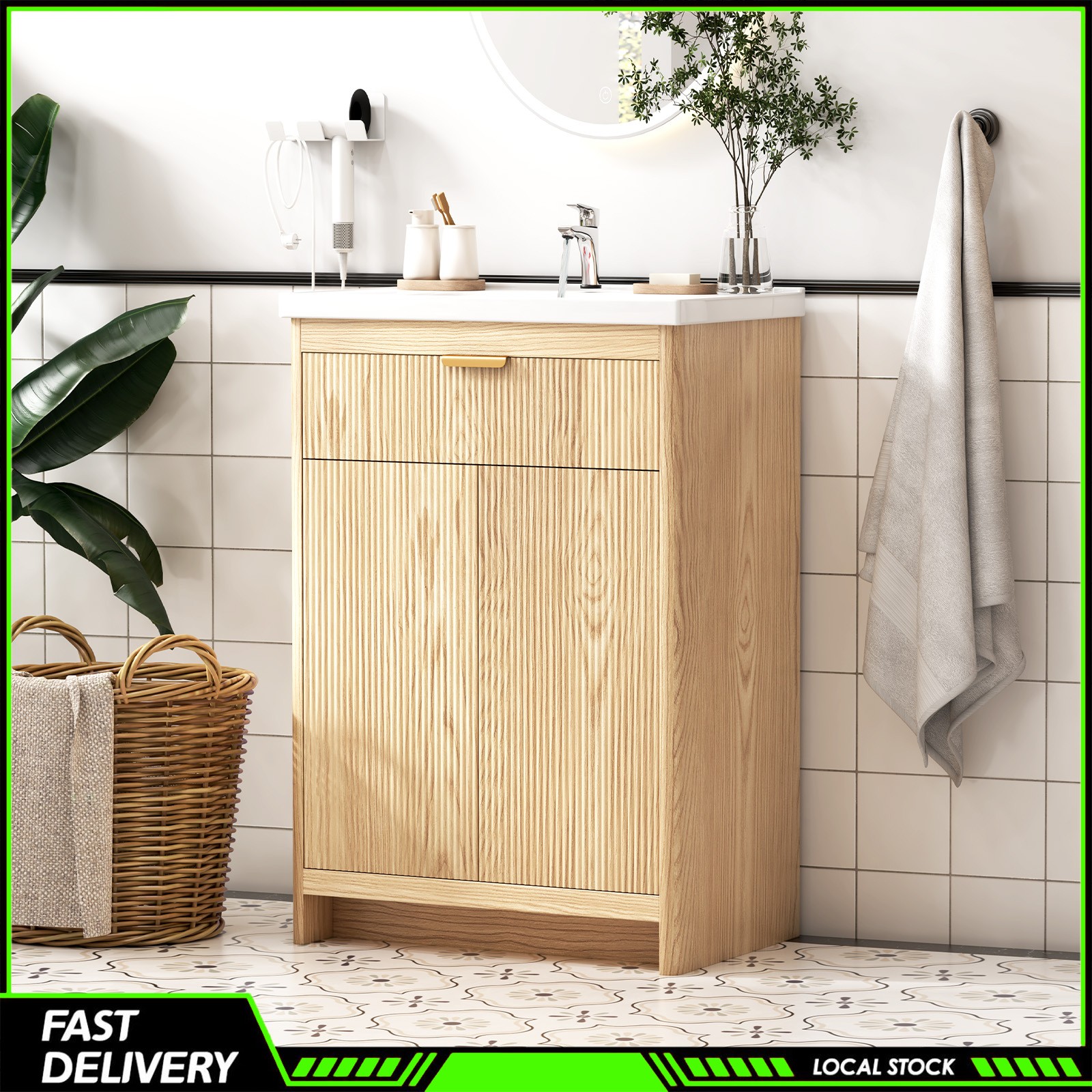 23.6 Inch Bathroom Vanity Wooden Freestanding Cabinet Ceramic Sink for Bathroom