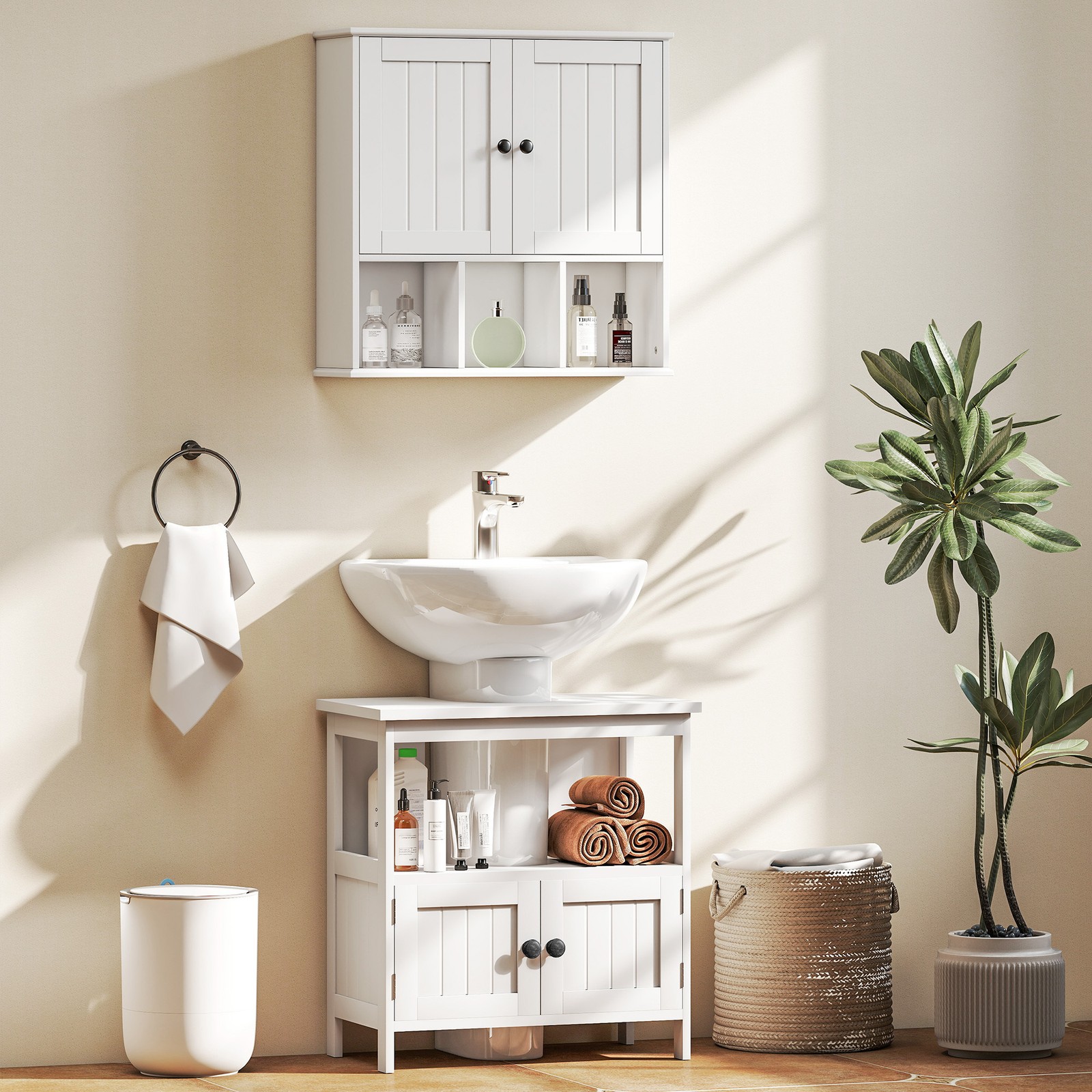 Pedestal Under Sink Cabinet w/ Doors, Storage Organizer, White, Used