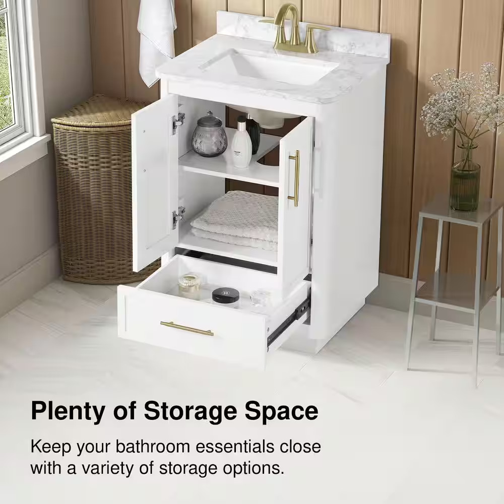 Tamsin 24 In. Single Sink Freestanding White Bath Vanity with White round Corner