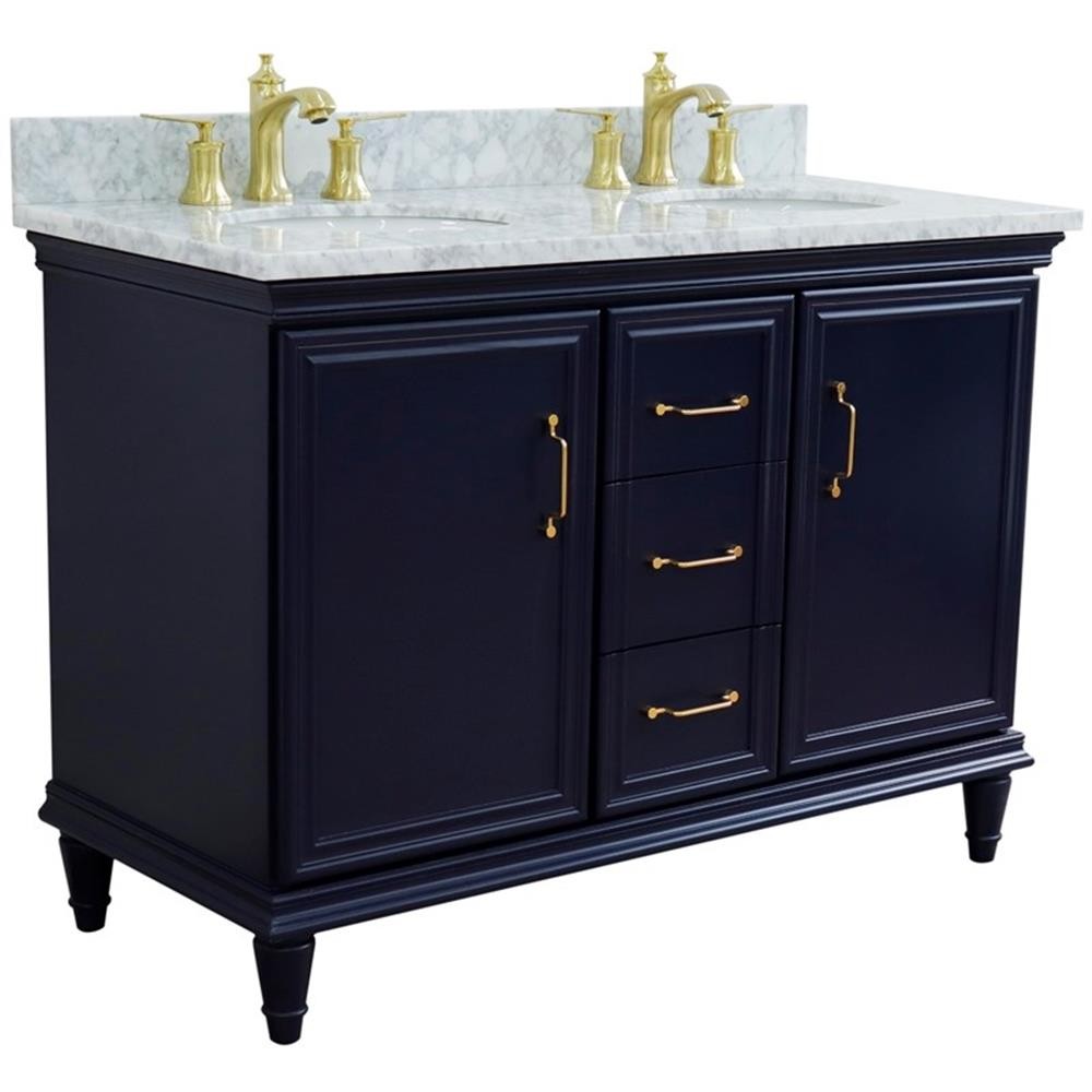 49 in. Double Wooden Vanity Blue with White Carrara Oval Sink