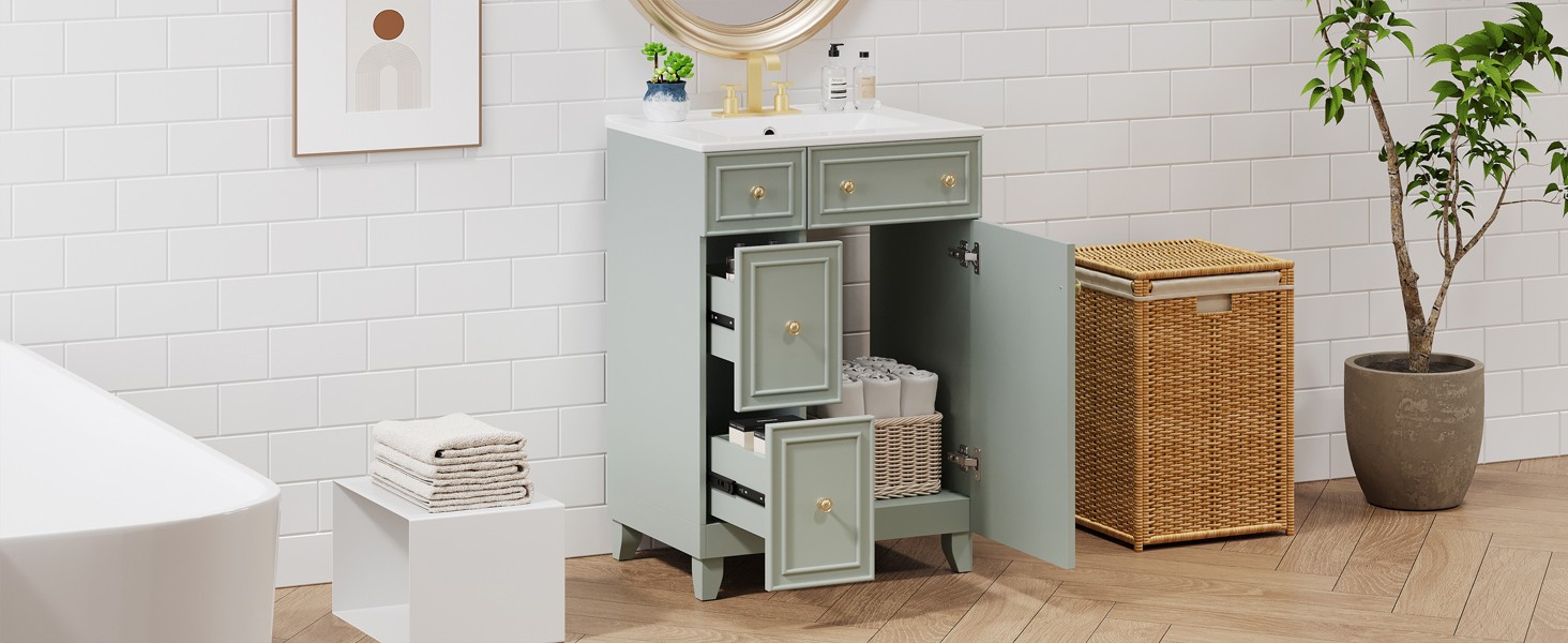24″ Bathroom Vanity Cabinet with Ceramic Sink, 2 Drawers, 1 Door
