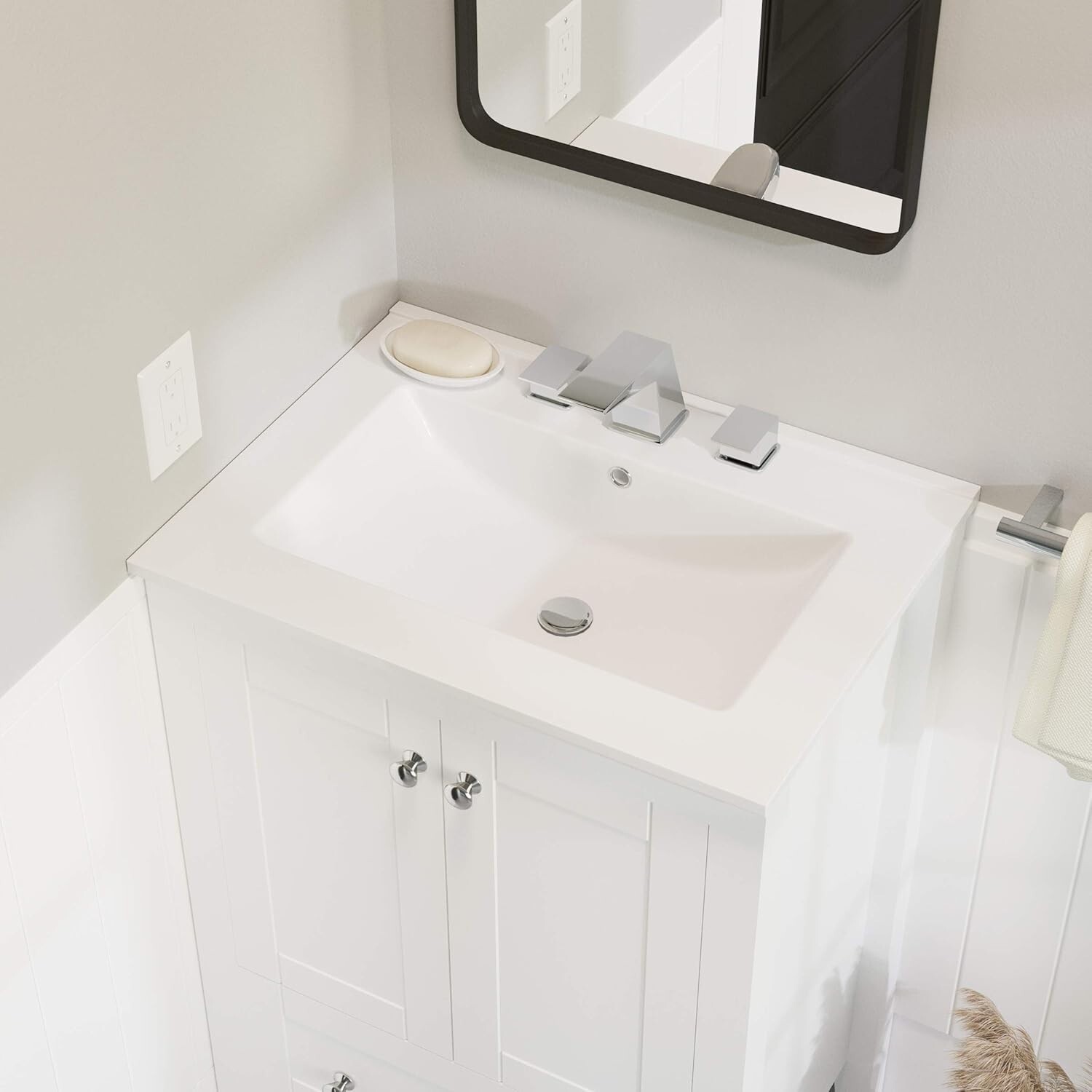 Lavabo de cerámica de 24″ con tres orificios para grifo y desagüe incluido, NEW