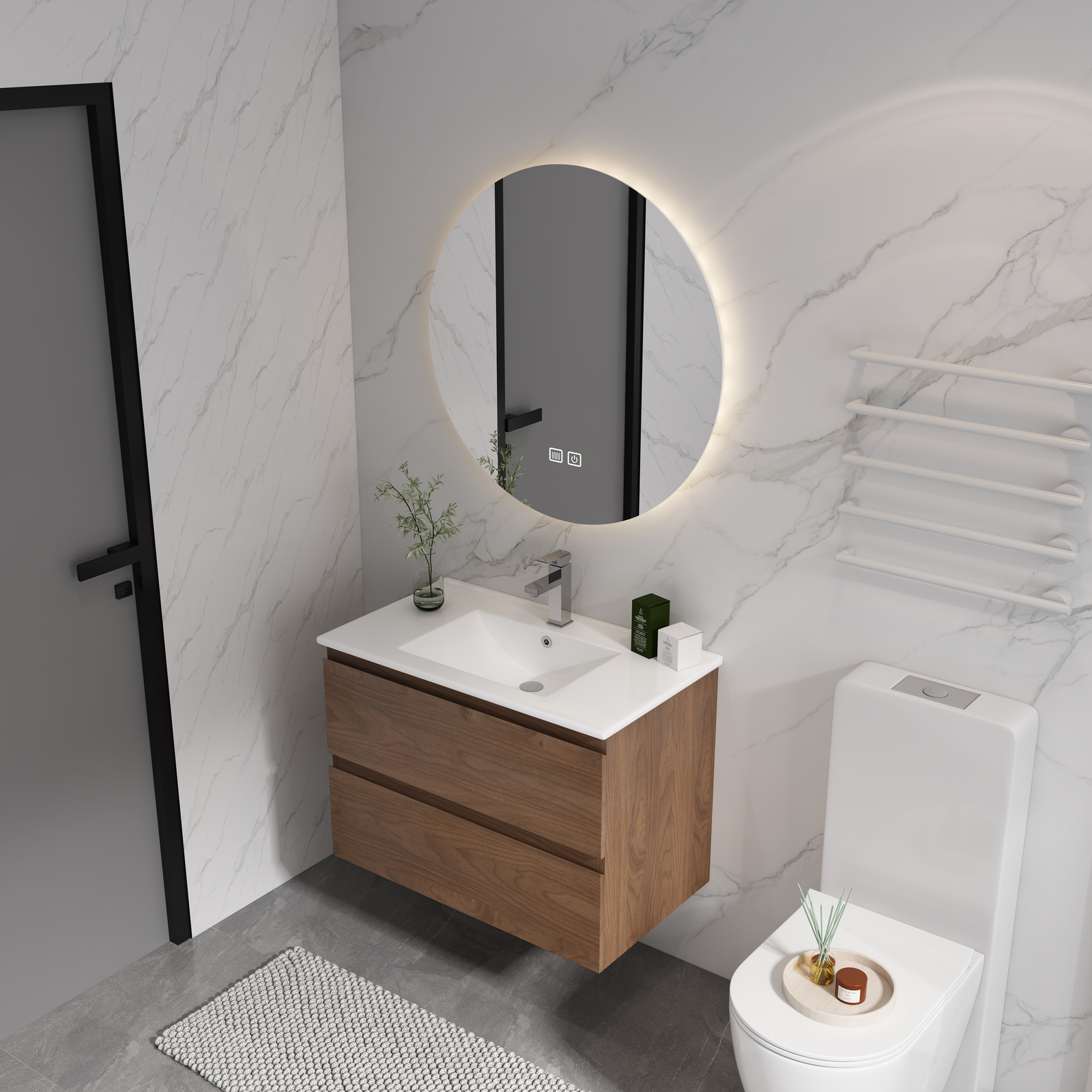 30″ Wood Wall Mounted Bathroom Vanity With 2 Drawers Cabinet Ceramic Sink Basin