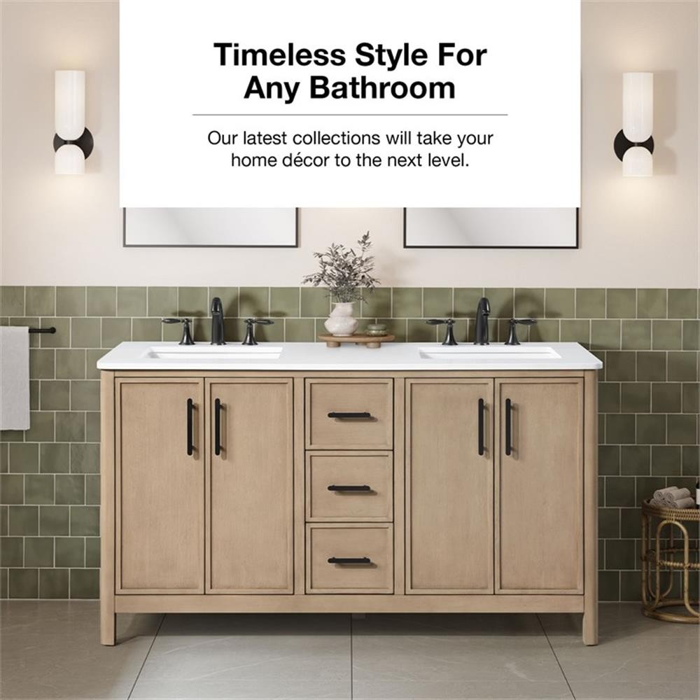 Pemberly Row 60″ Double Bathroom Vanity in Sahara Birch with White Countertop