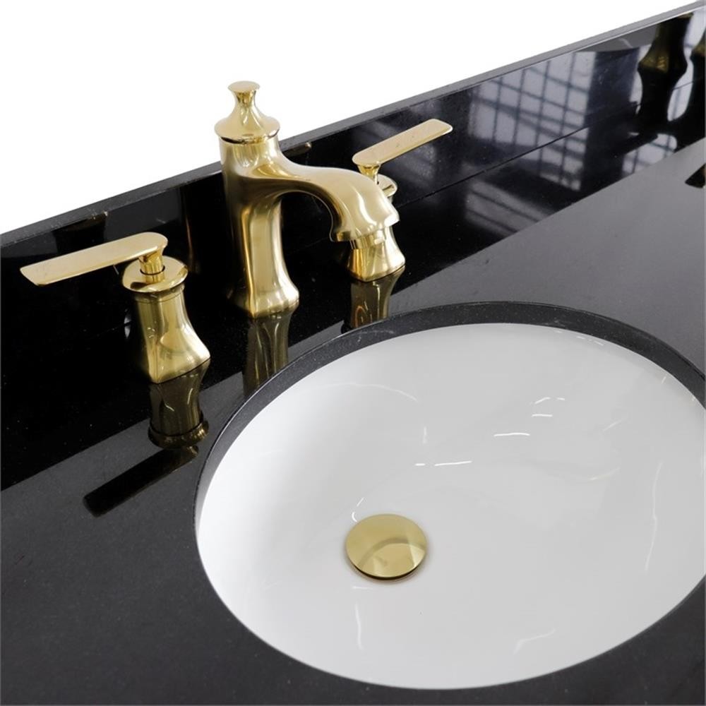 61 in. Double Wooden Vanity White Black Galaxy Granite Oval Sink