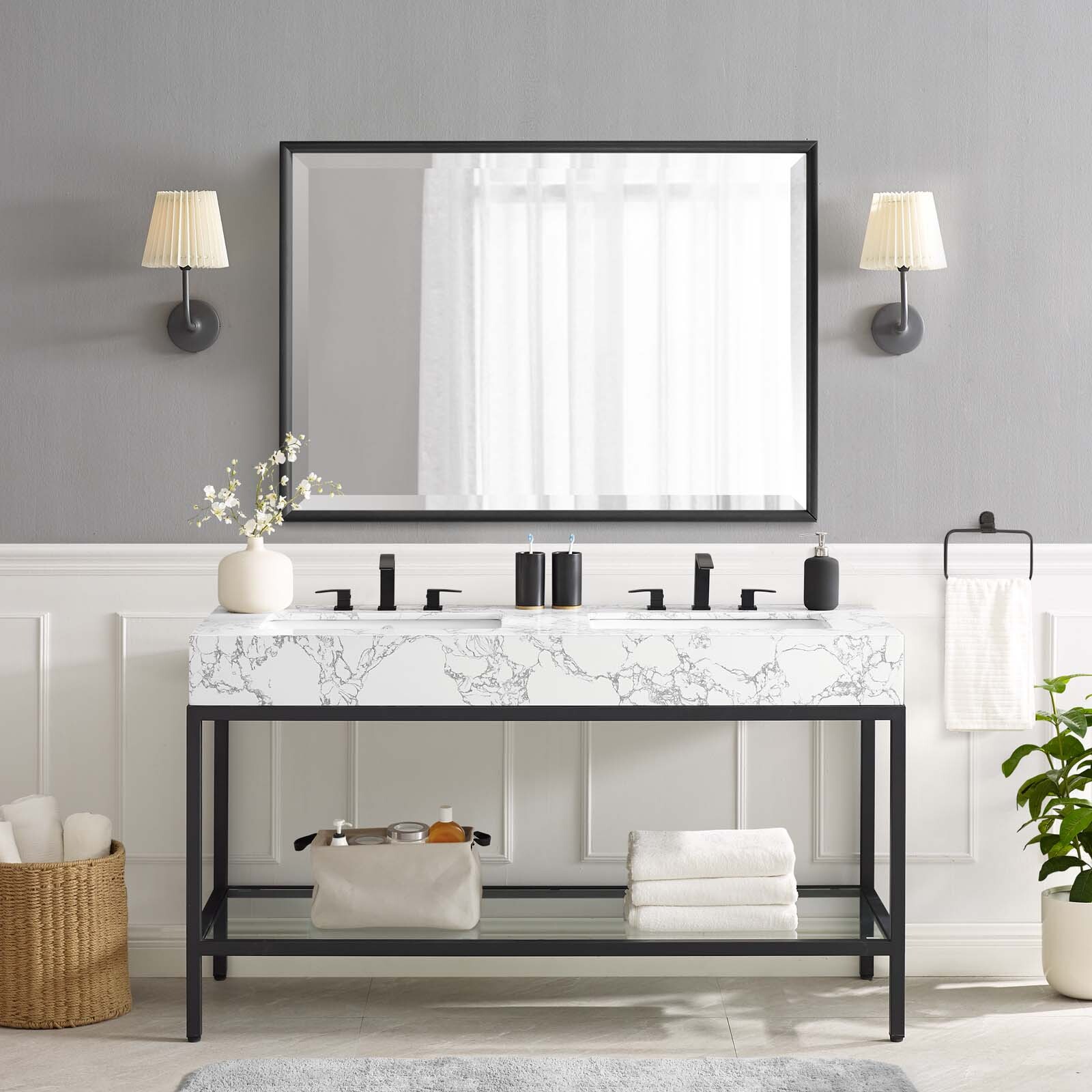 Modway Kingsley 60″ Black Stainless Steel Bathroom Vanity in Black White