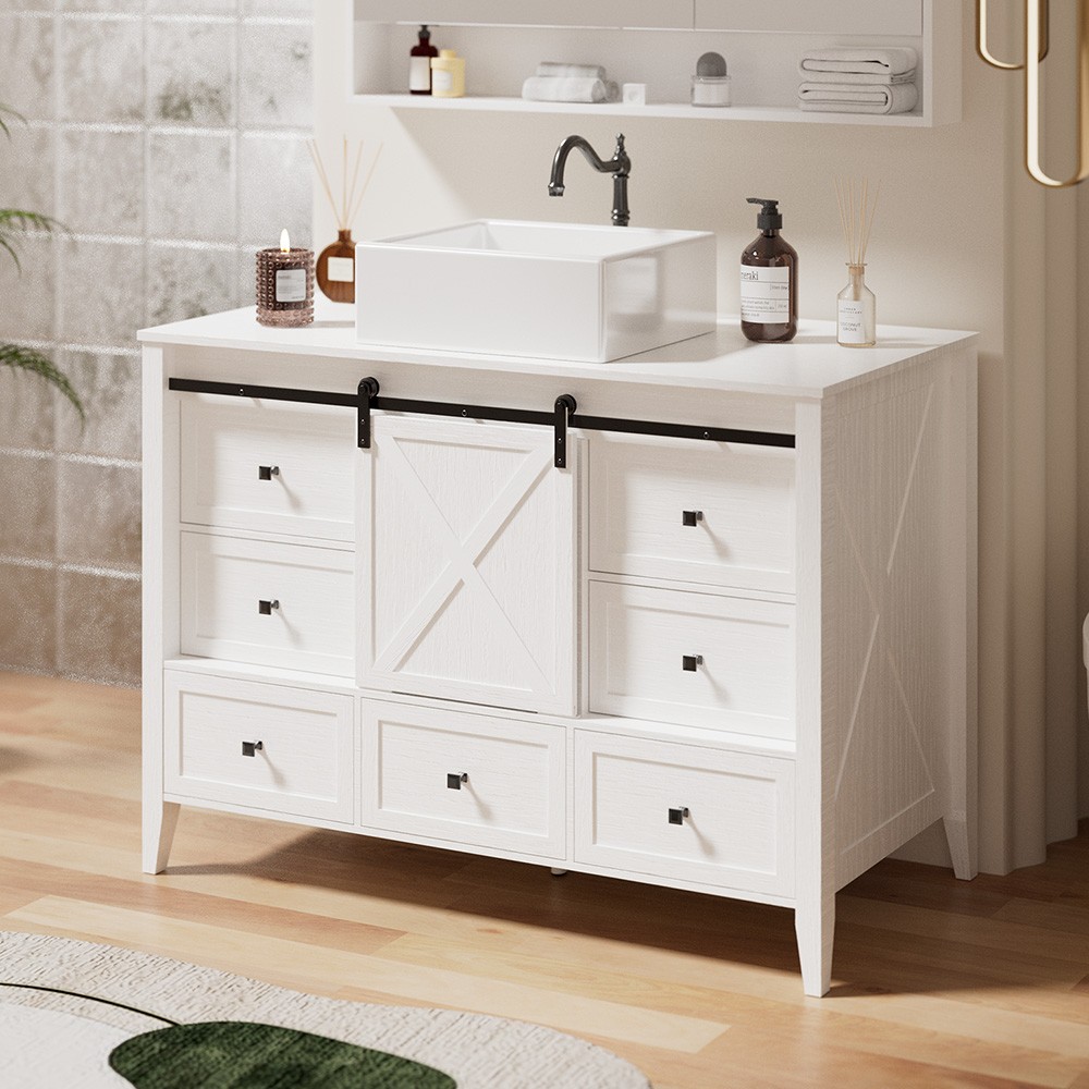 48in Bathroom Vanity Wood Grain with Sink Ceramic Freestanding Cabinet 7 Drawers