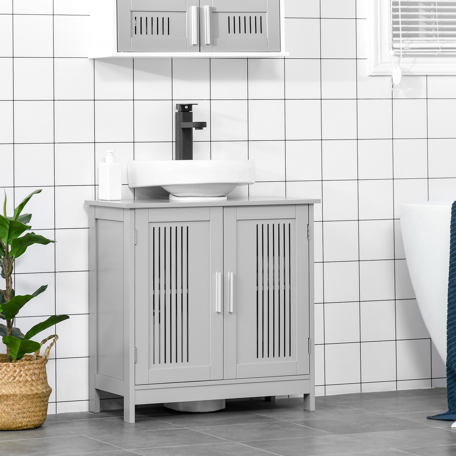 Bathroom Under Sink Cabinet Vanity Unit w/ Shelves, Grey, Used