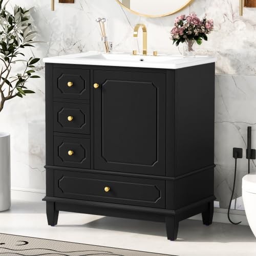 Bellemave 30″ Bathroom Vanity with Ceramic Sink & 3 Drawers, Bathroom Cabinet…