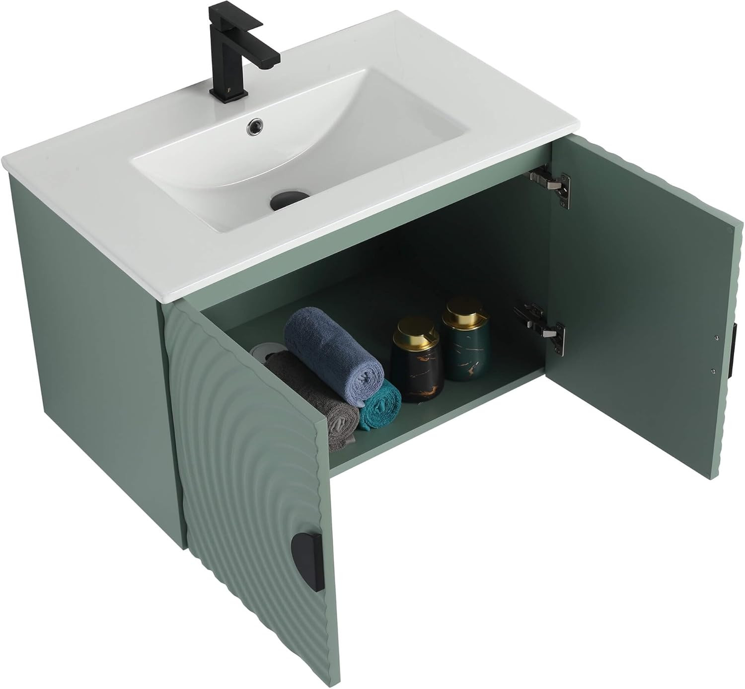 Mint Green 30″ Floating Bathroom Vanity with Sink & Fluted Door Design