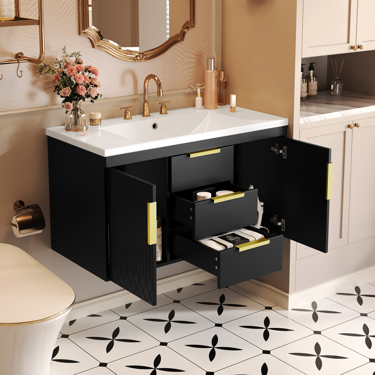 36″ Wall Mounted Bathroom Vanity w/Sink, Floating Vanity Cabinet 2 Drawers Doors