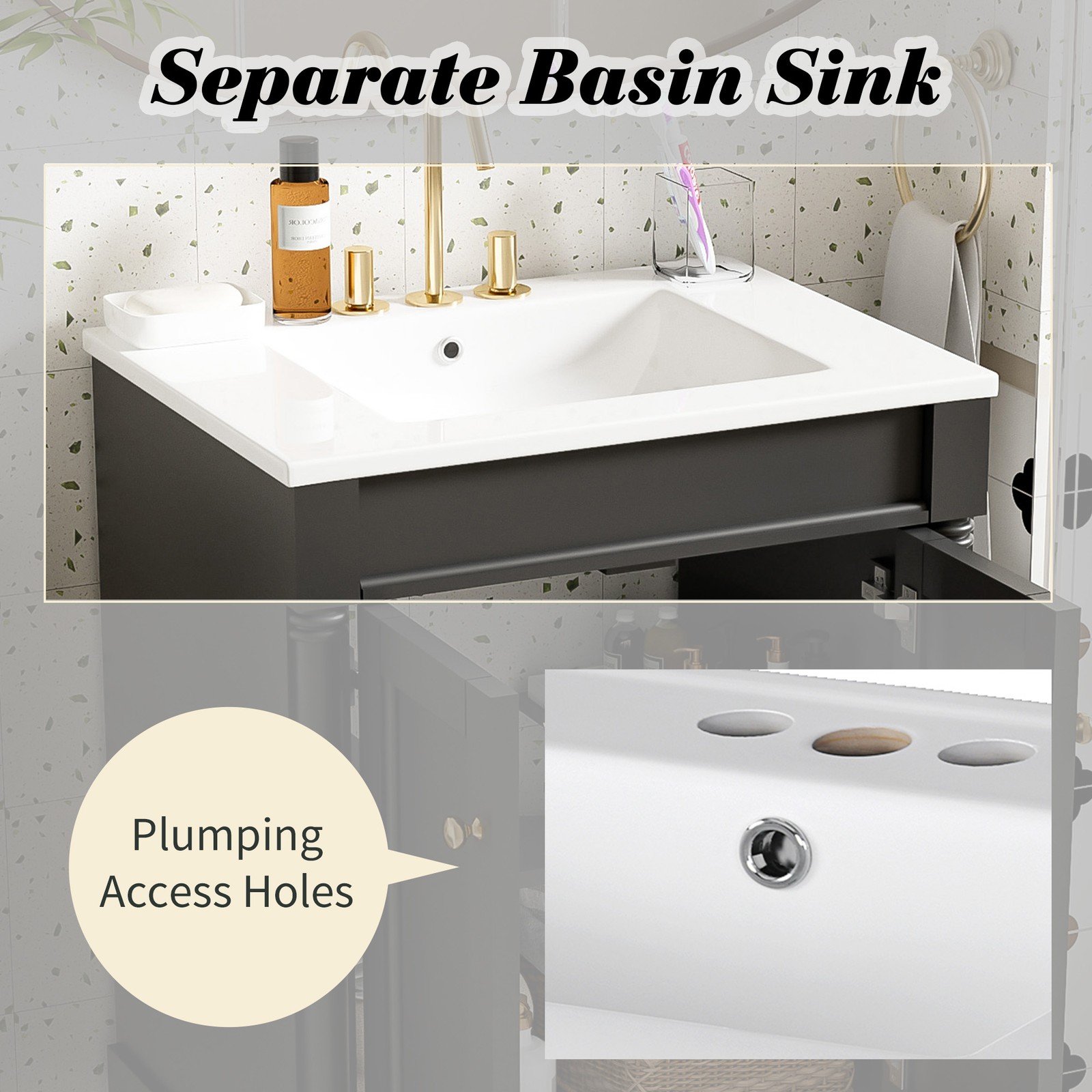 24″ Bathroom Vanity with Sink, Modern 2-Tier Storage Cabinet, Black