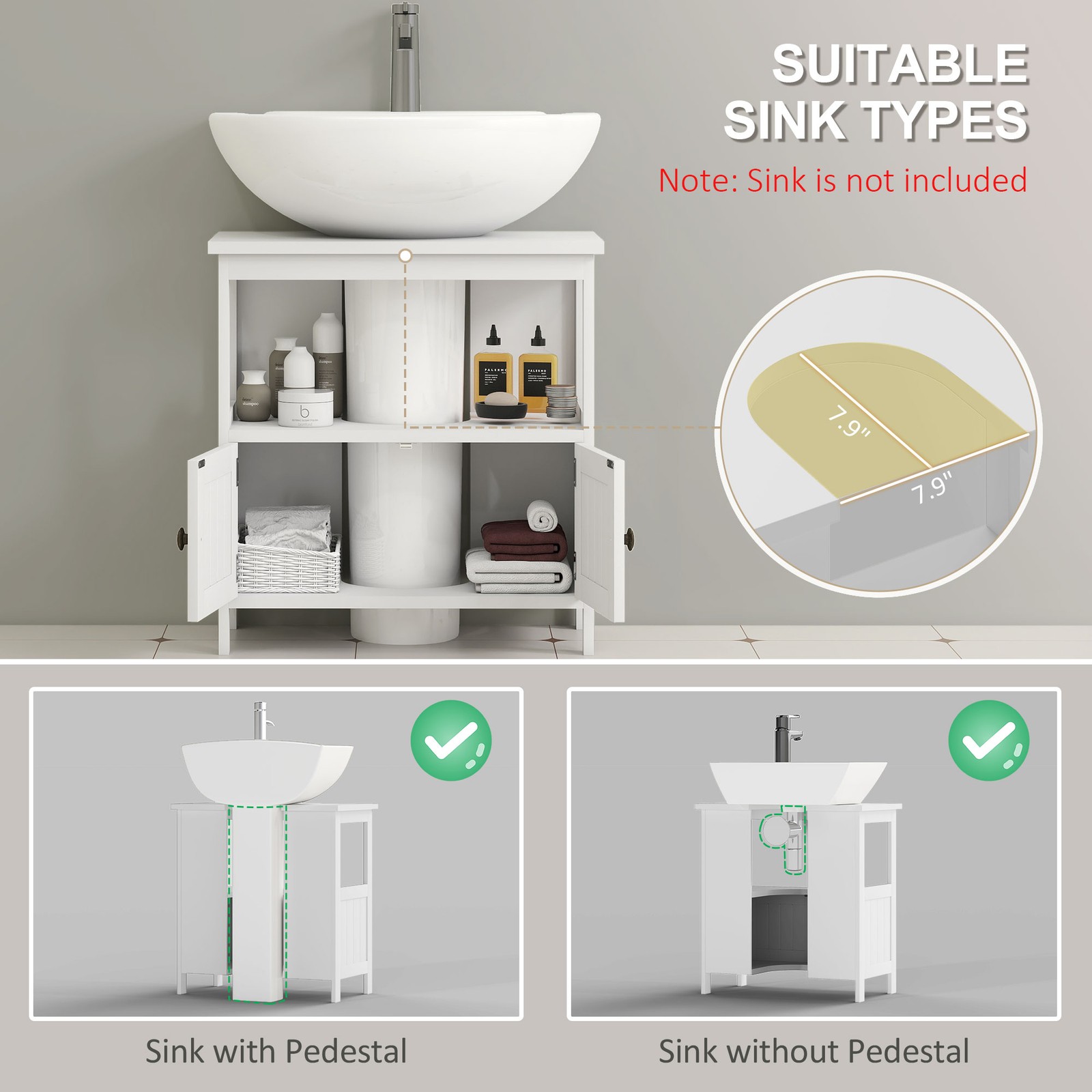 Pedestal Under Sink Cabinet w/ Doors, Storage Organizer, White, Used