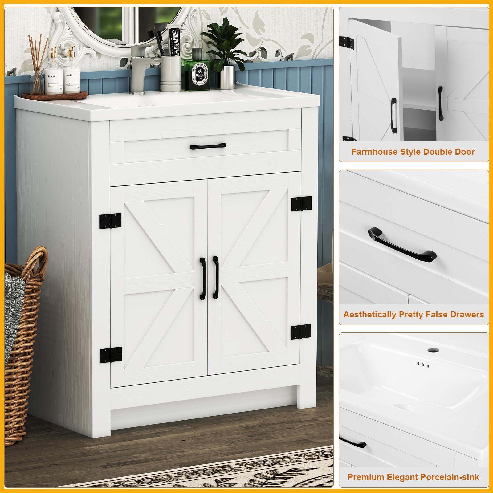 23” Bathroom Vanity with 2 Doors Bathroom Cabinet Vessel Sink Faucet Drain Set