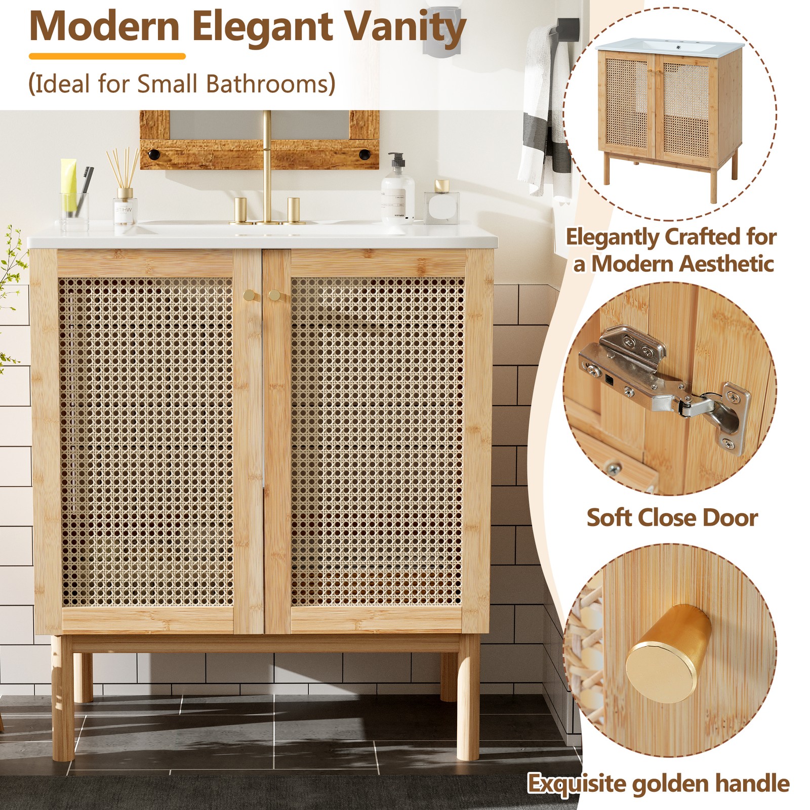 30 Inch Bathroom Vanity with Rattan Doors & Ceramic Basin