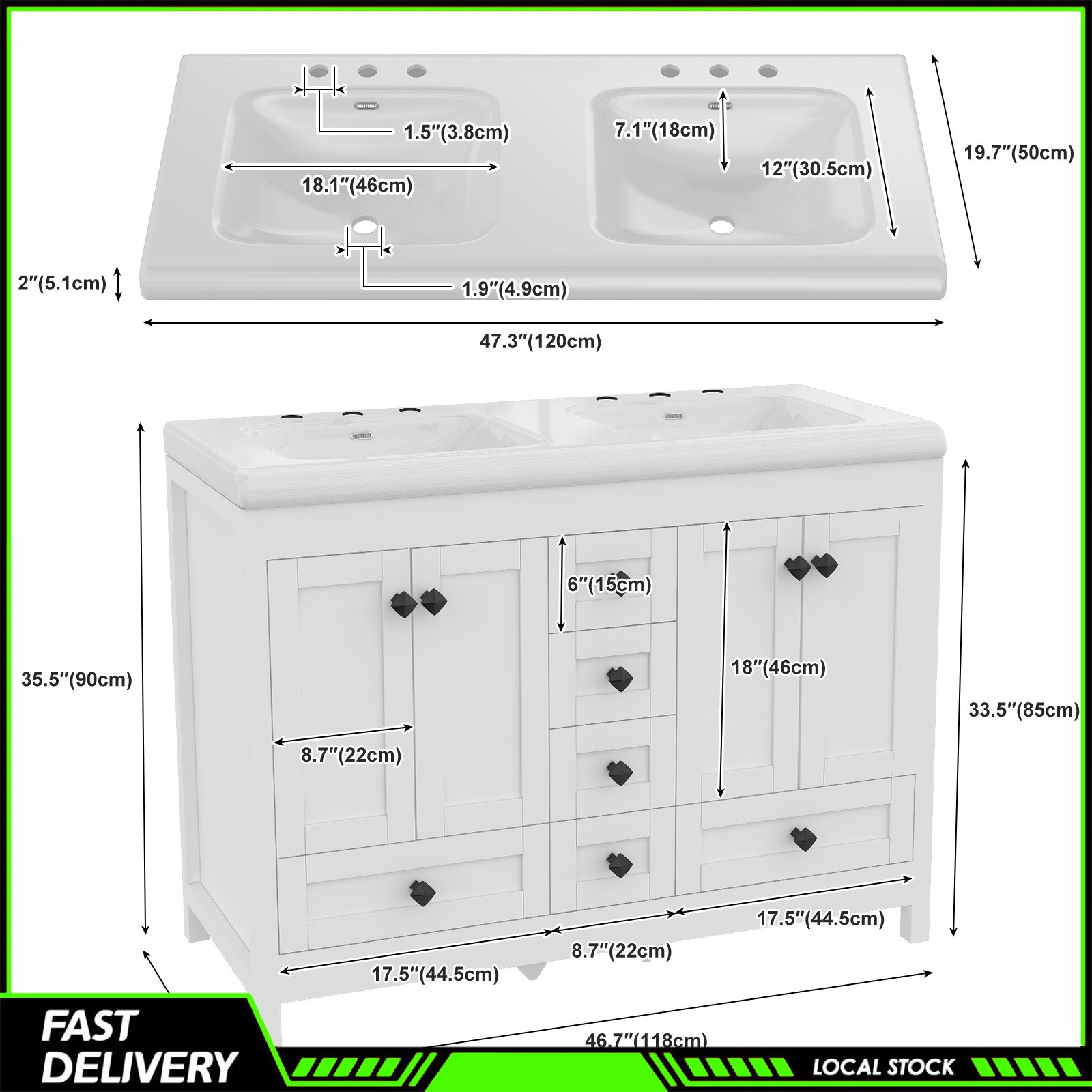47 Inch White Modern Bathroom Vanity Double Ceramic Sinks Freestanding 5 Drawers