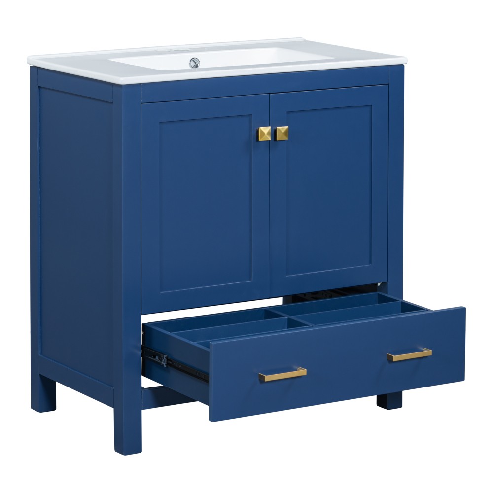 30″ Transitional Bathroom Vanity,Ceramic Sink,2 Door Cabinet & Drawer,Solid Wood