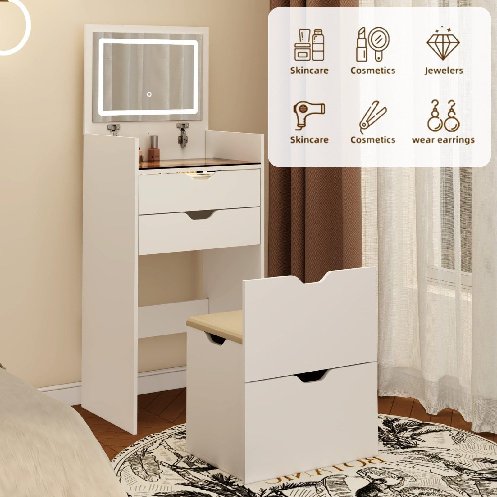 3-in-1 Vanity Desk Set with Mirror Stool LED Lights Drawers Hidden Storage White