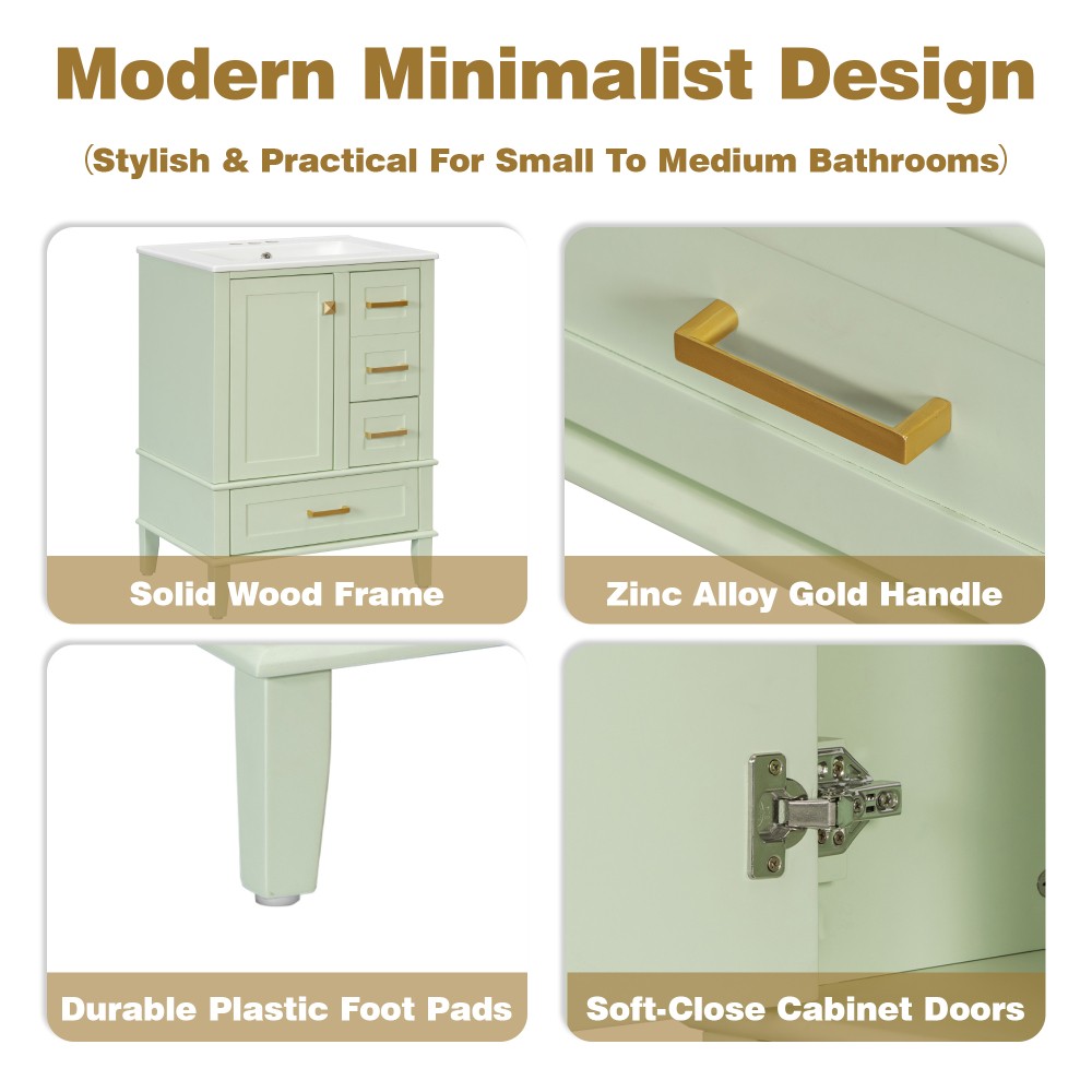 24.8″ Solid Wood MDF Bath Vanity Ceramic Sink Soft Close Door 3 Drawers Storage