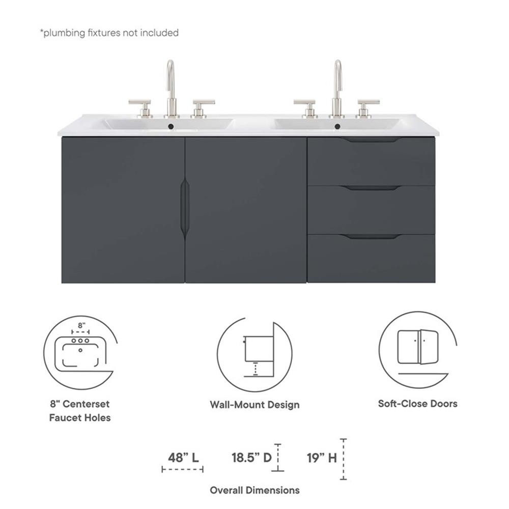 Pemberly Row Modern Wood/Ceramic Double Sink Bathroom Vanity in Gray