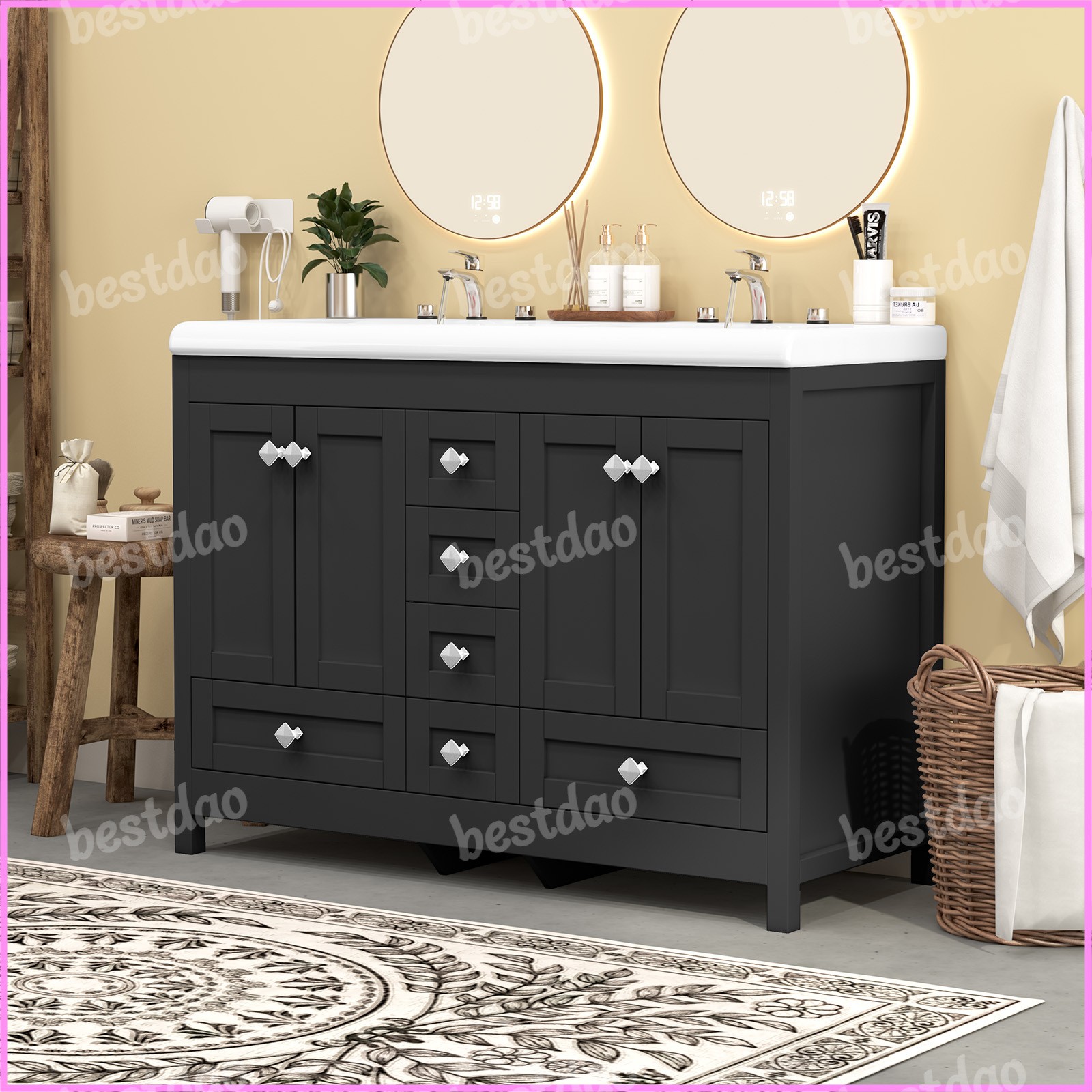 47″ Black Bathroom Vanity Cabinet w/ Double Ceramic Sinks & 2 Doors & 6 Drawers