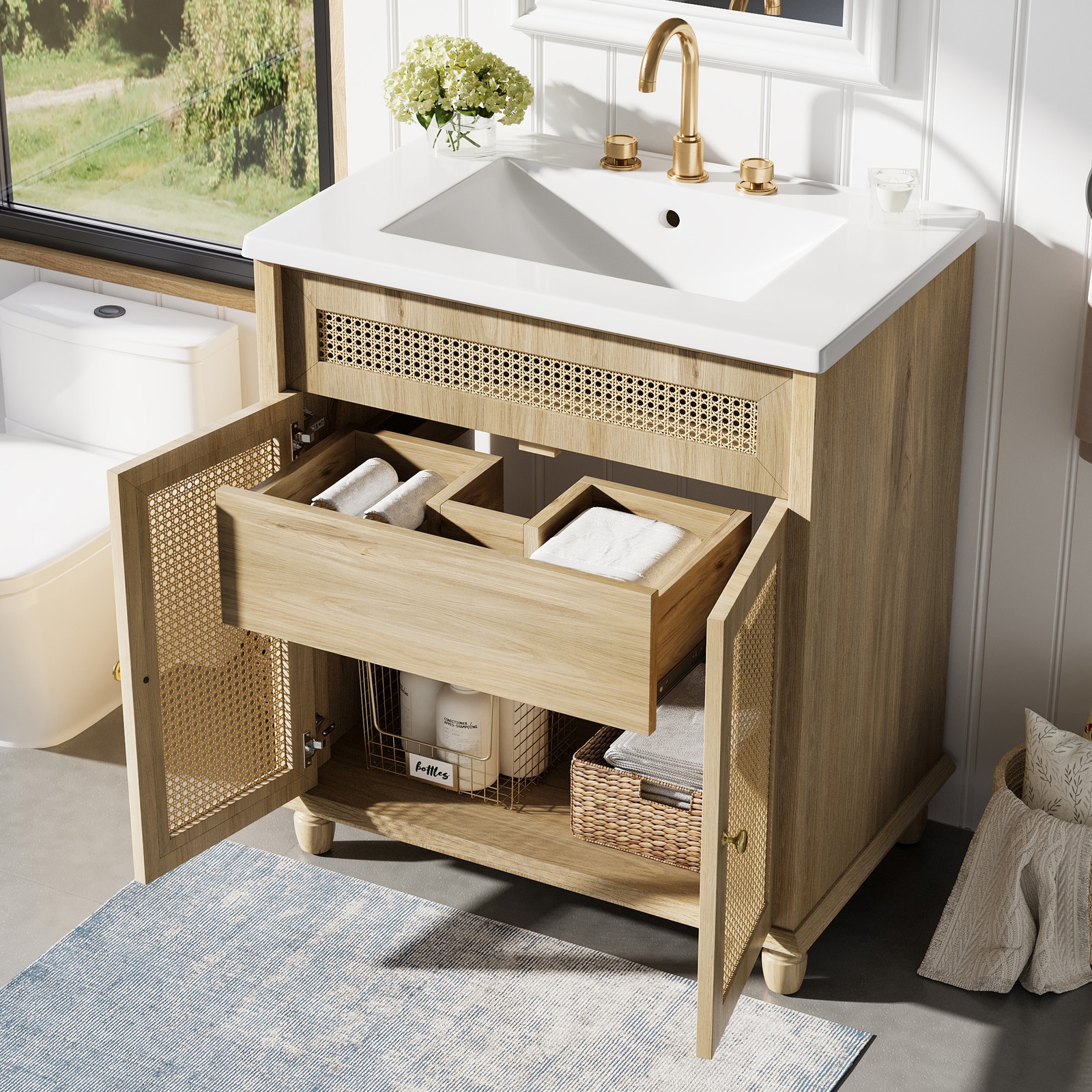 30″ Bathroom Vanity w/Rattan Doors, Solid Wood Legs & Resin Basin Natural Wood
