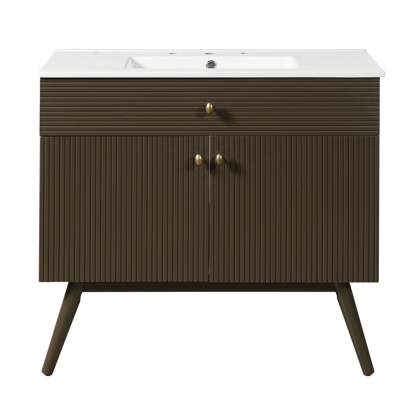 36″ Striped Bathroom Vanity, Soft-Close Dual-Door & Ceramic Sink, Dark Brown