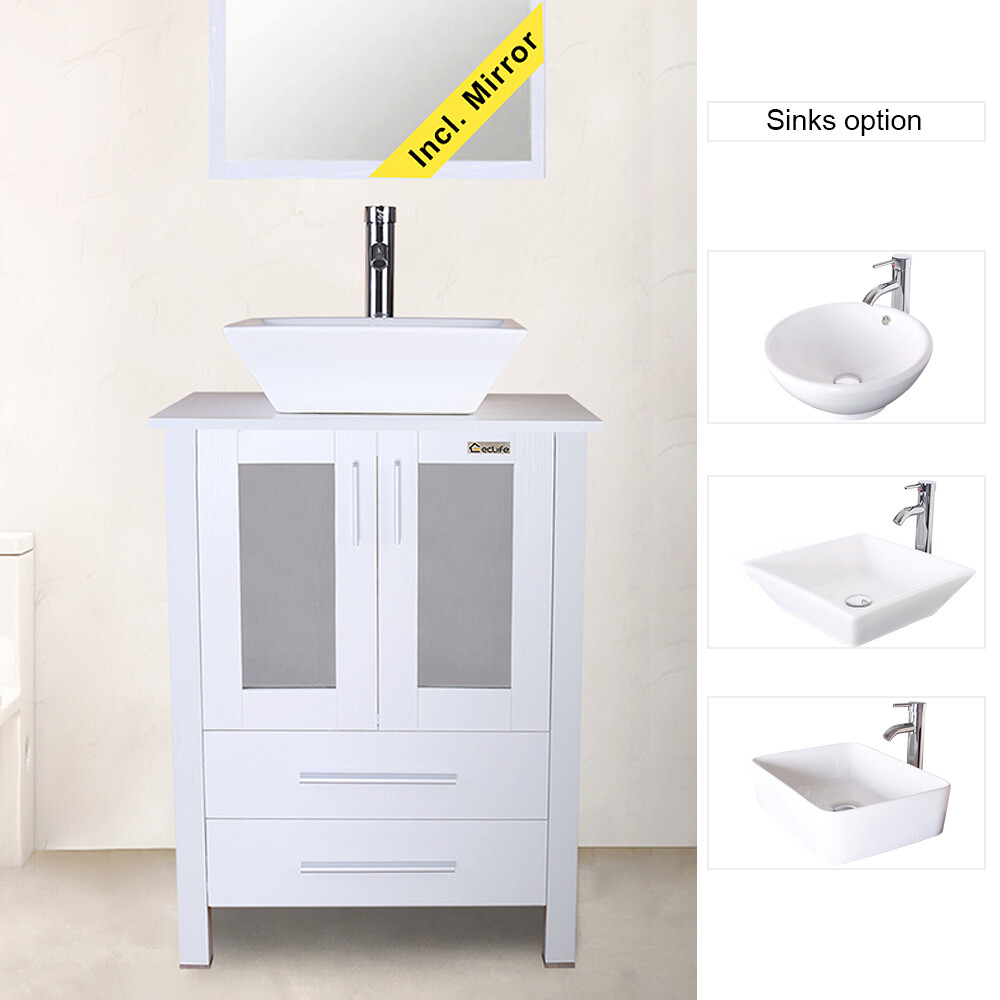 24″ White Bathroom Vanity Cabinet Single Wood & Ceramic Vessel Sink Top Modern