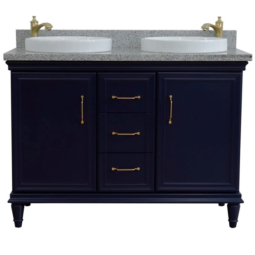 49 in. Double Wooden Vanity Blue with Gray Granite Round Sink
