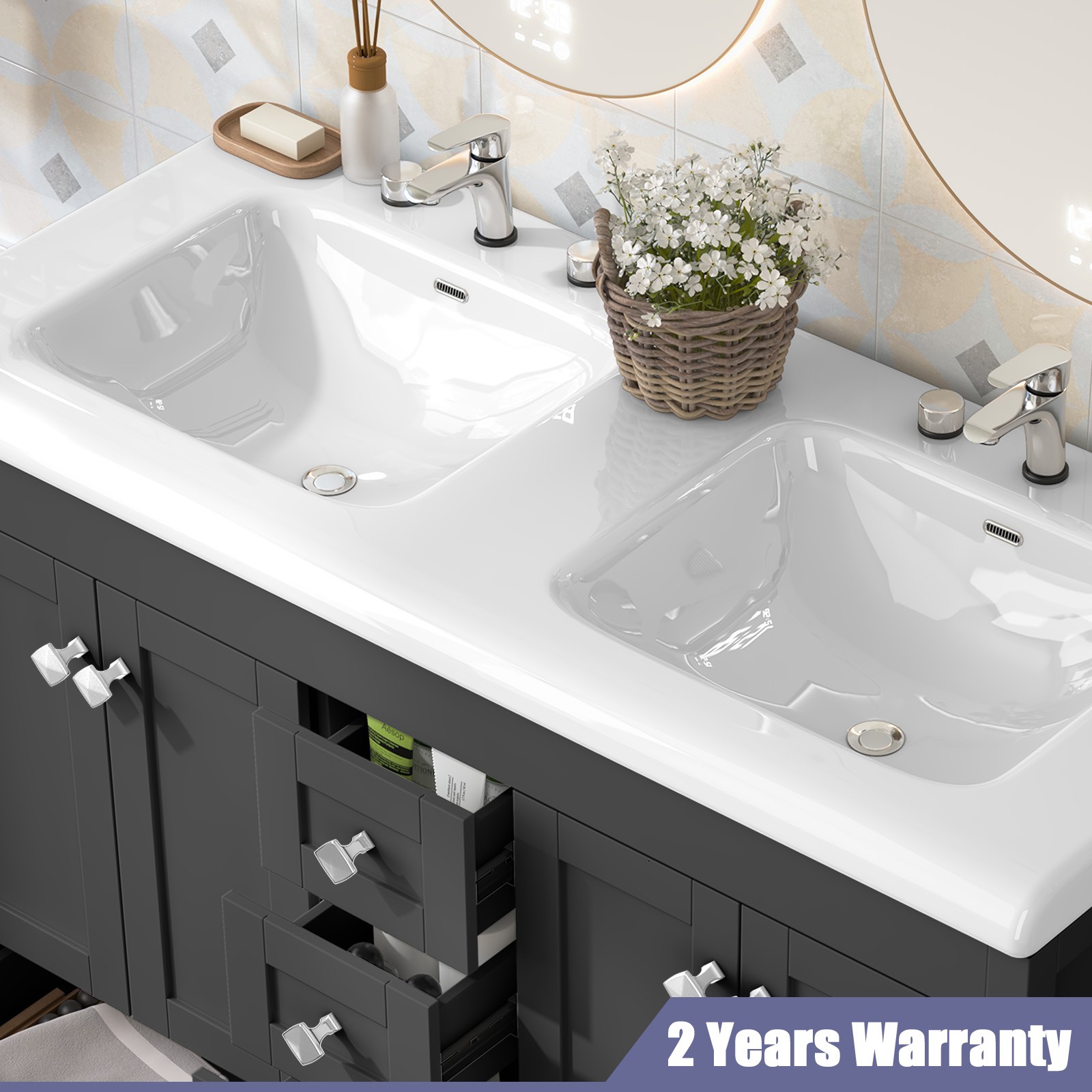 47″ Modern Freestanding Bathroom Vanity w/ Double Sink Ceramic Organizer Cabinet