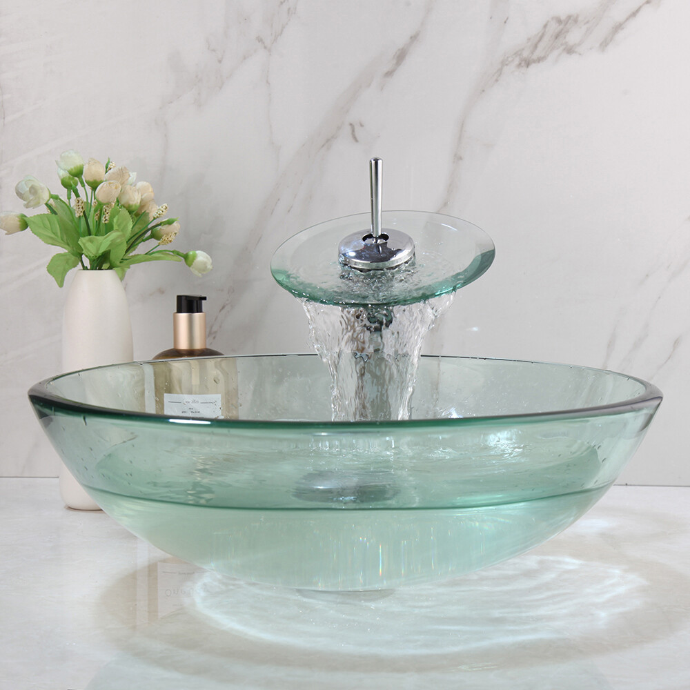Bathroom Clear Vessel Sink Faucet Basin Vanity Bowl Glass Combo Round Tempered